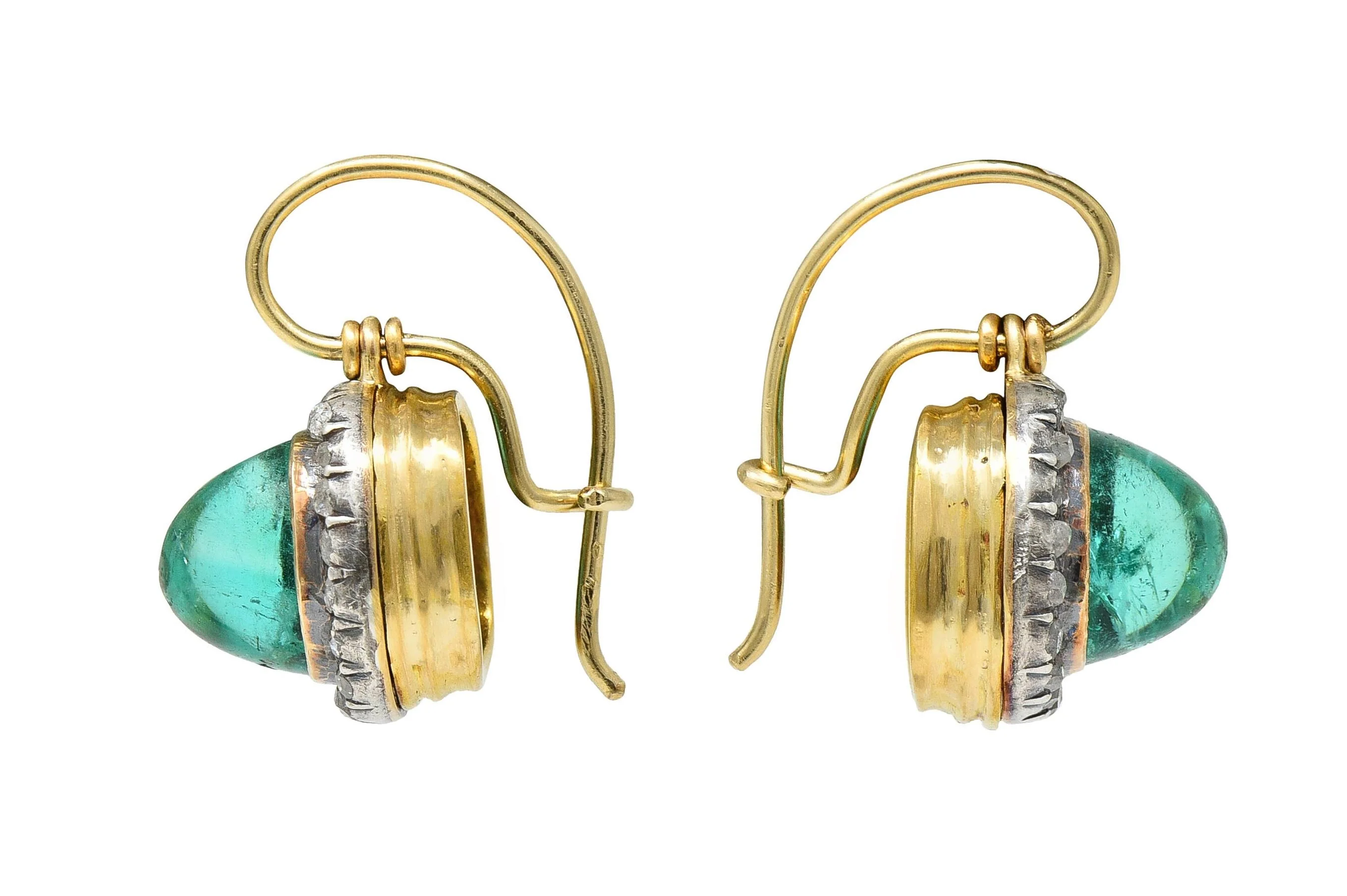 Victorian 5.94 CTW Emerald Diamond Silver 18 Karat Gold Antique Halo Drop Earrings - Image 3