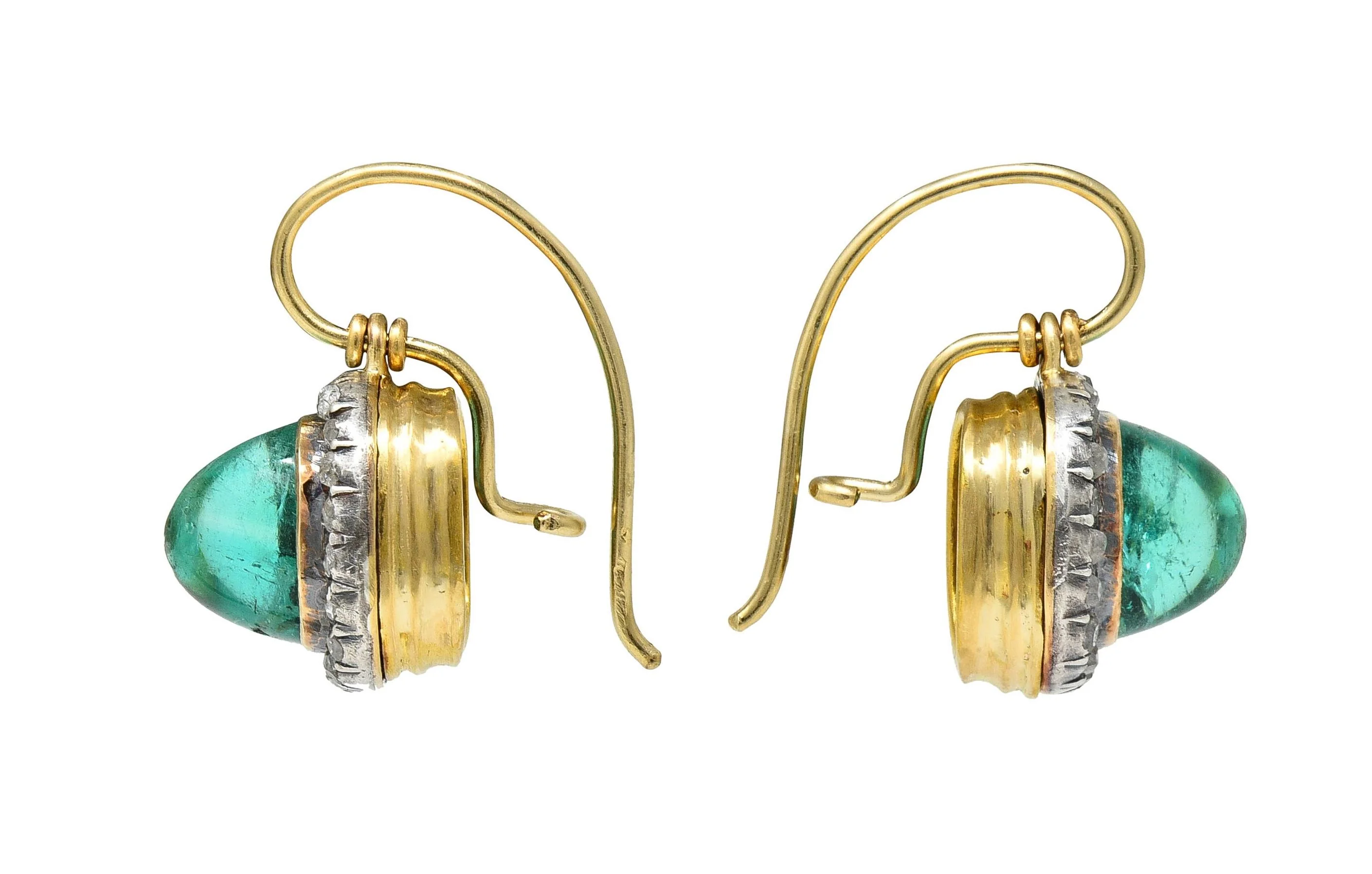 Victorian 5.94 CTW Emerald Diamond Silver 18 Karat Gold Antique Halo Drop Earrings - Image 4