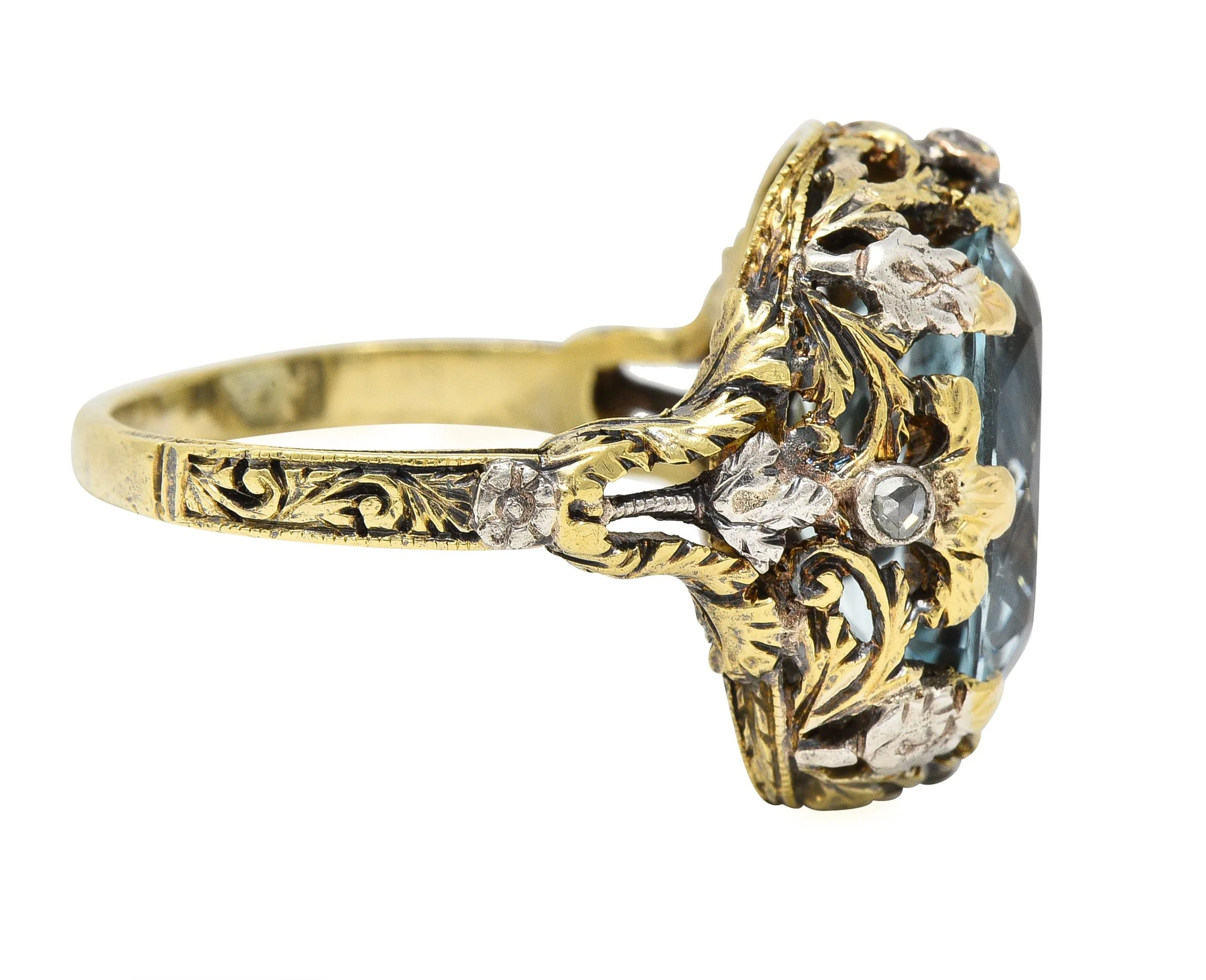 Victorian 6.52 CTW Aquamarine Diamond 14 Karat Gold Silver Floral Antique Ring - Image 4