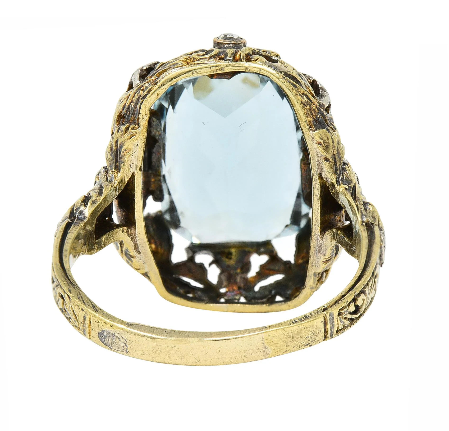 Victorian 6.52 CTW Aquamarine Diamond 14 Karat Gold Silver Floral Antique Ring - Image 5