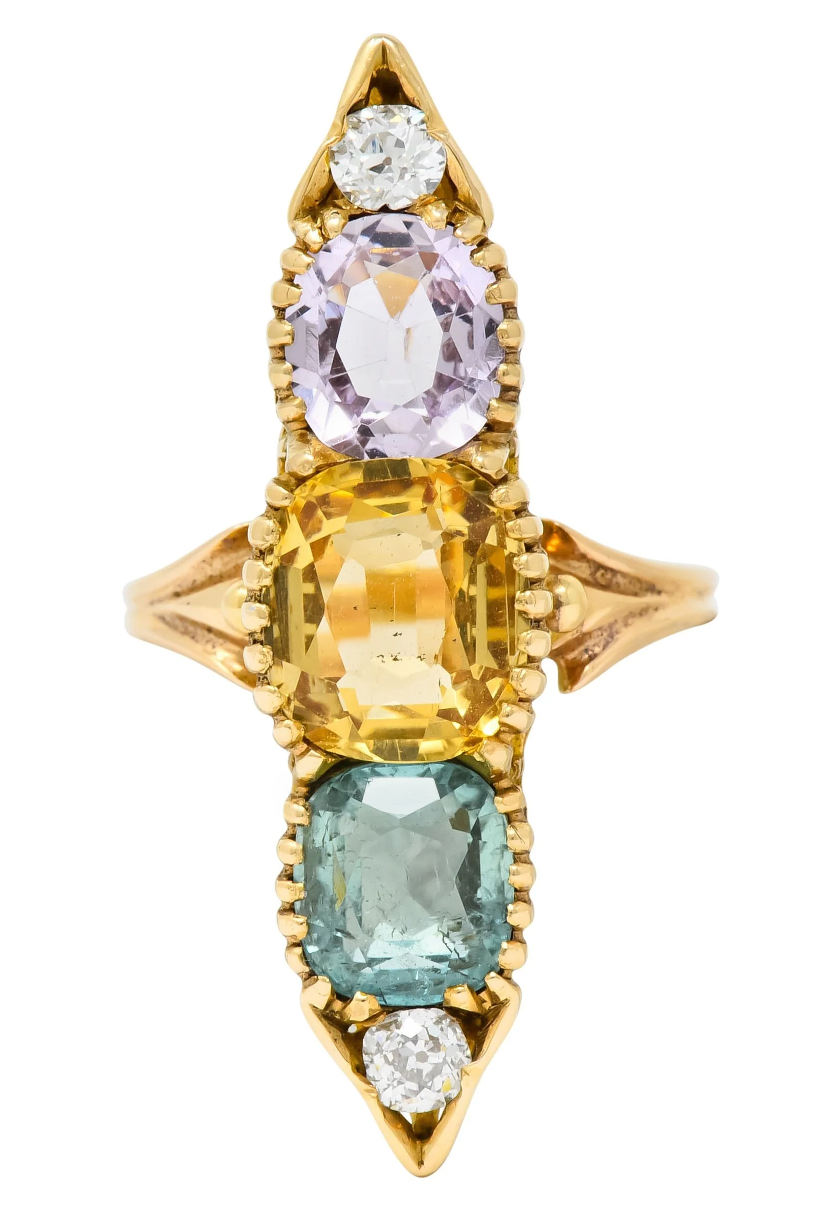 Victorian 7.30 CTW Topaz Tourmaline Diamond 14 Karat Gold Five Stone Dinner Ring