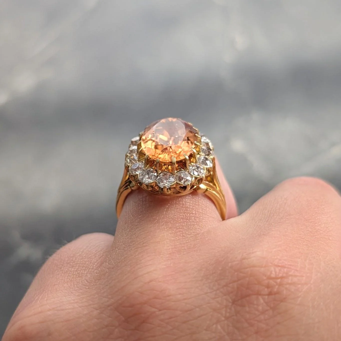 Victorian 7.50 CTW Imperial Topaz Diamond 18 Karat Yellow Gold Antique Halo Ring - Image 7