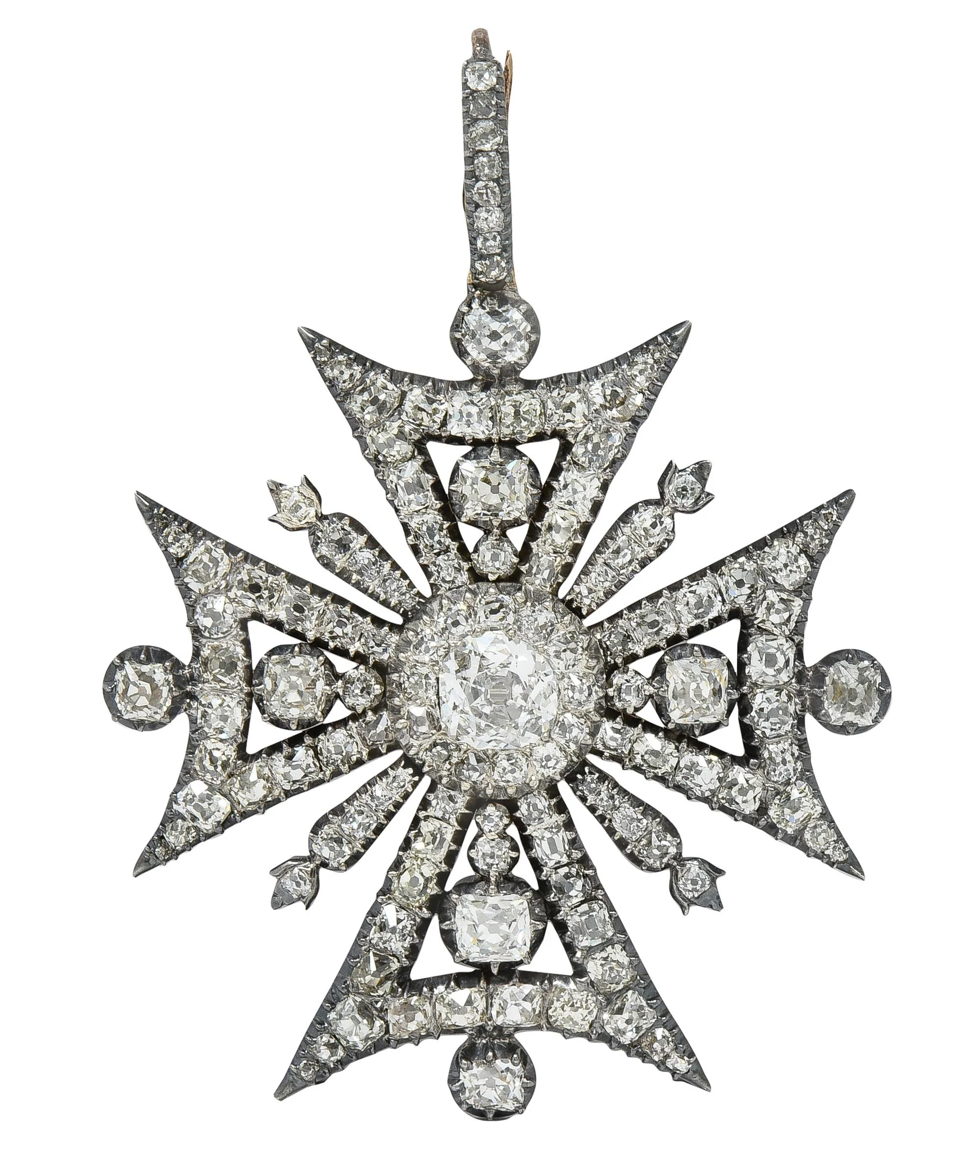Victorian 7.88 CTW Diamond Silver-Topped 18 Karat Gold Antique Maltese Cross Pendant Brooch