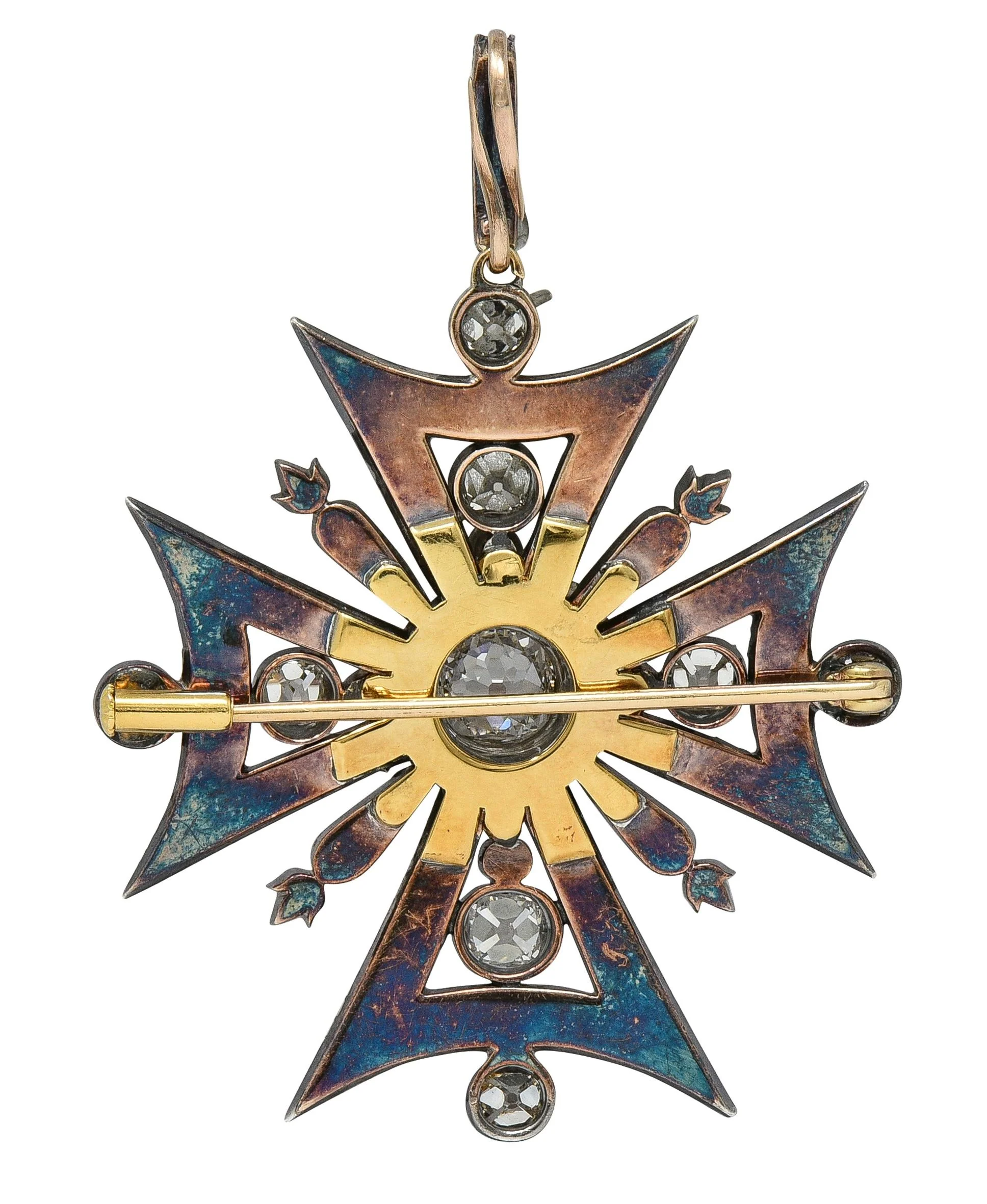 Victorian 7.88 CTW Diamond Silver-Topped 18 Karat Gold Antique Maltese Cross Pendant Brooch - Image 4