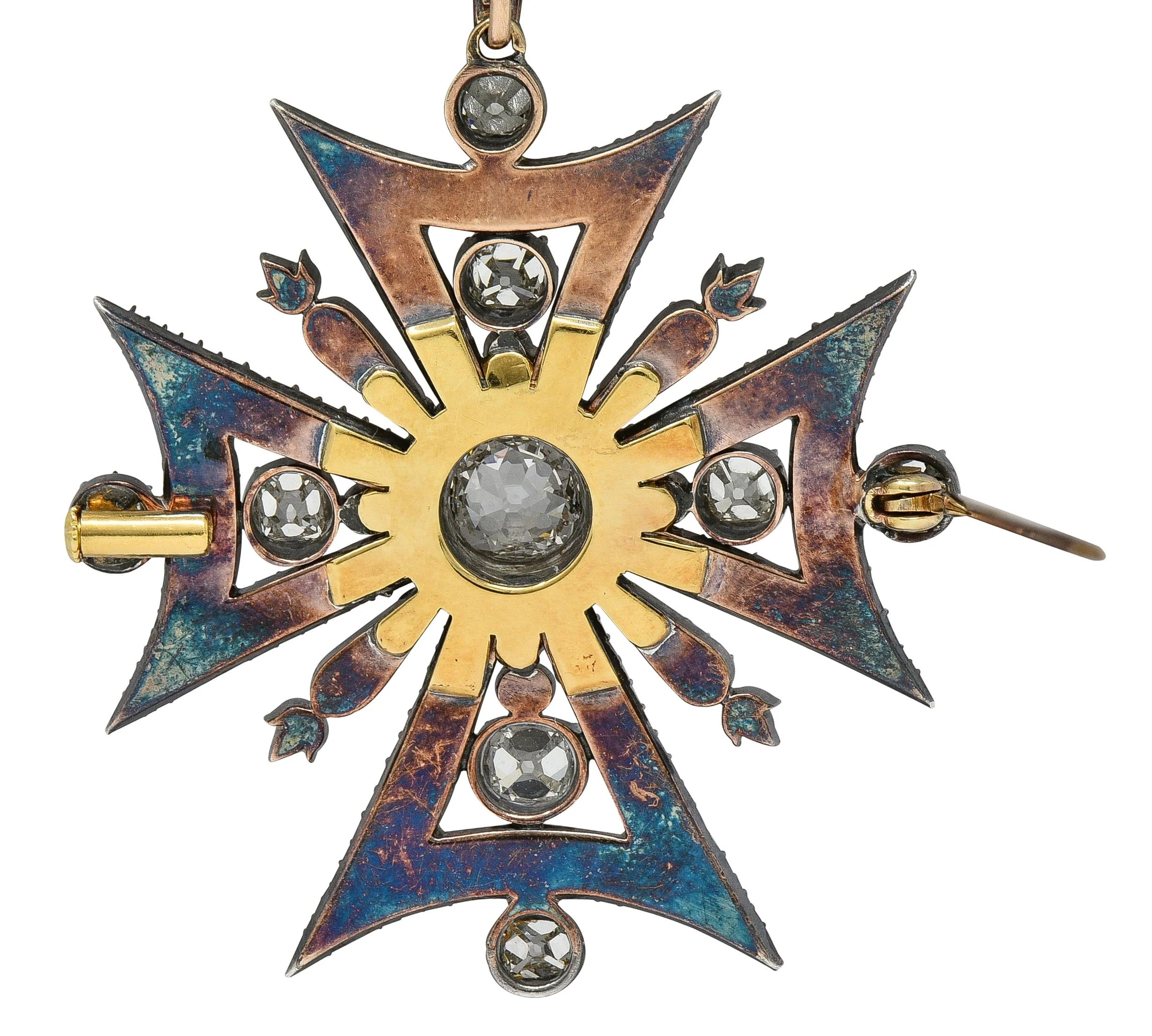 Victorian 7.88 CTW Diamond Silver-Topped 18 Karat Gold Antique Maltese Cross Pendant Brooch - Image 6