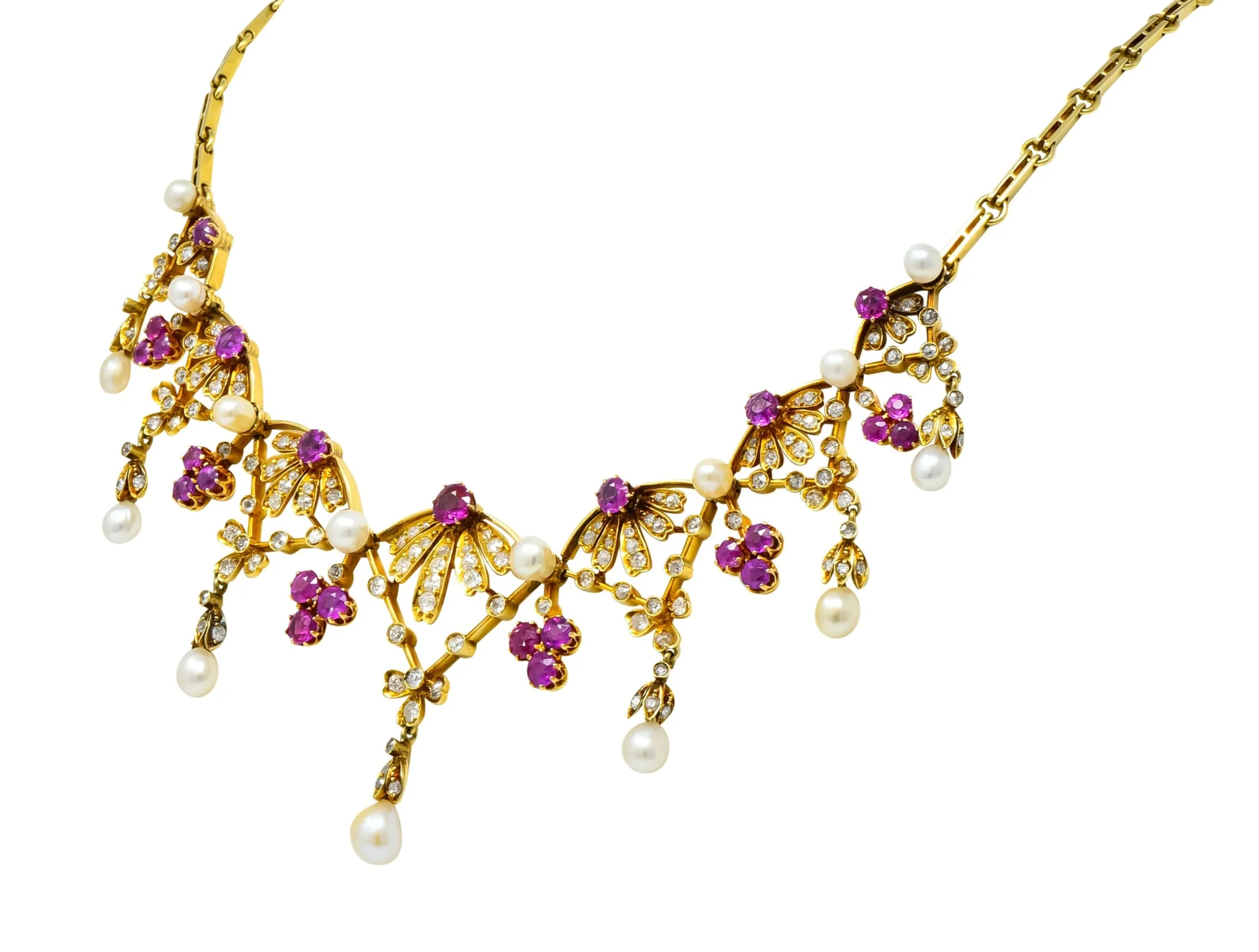 Victorian 7.95 CTW Diamond Ruby Pearl 18 Karat Gold Fringe Necklace - Image 2