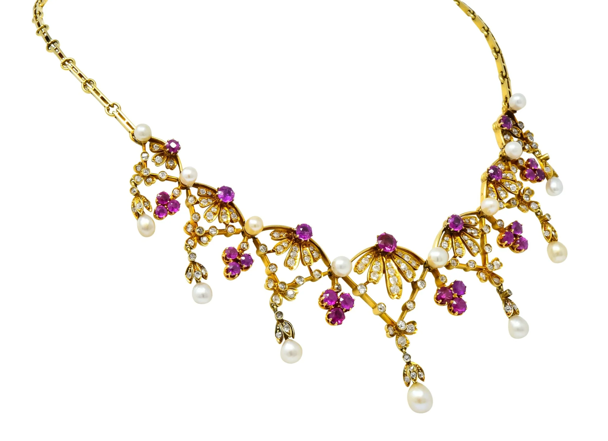 Victorian 7.95 CTW Diamond Ruby Pearl 18 Karat Gold Fringe Necklace - Image 3
