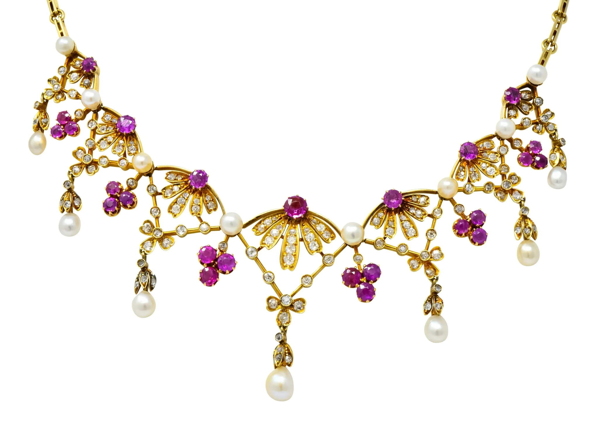 Victorian 7.95 CTW Diamond Ruby Pearl 18 Karat Gold Fringe Necklace - Image 4