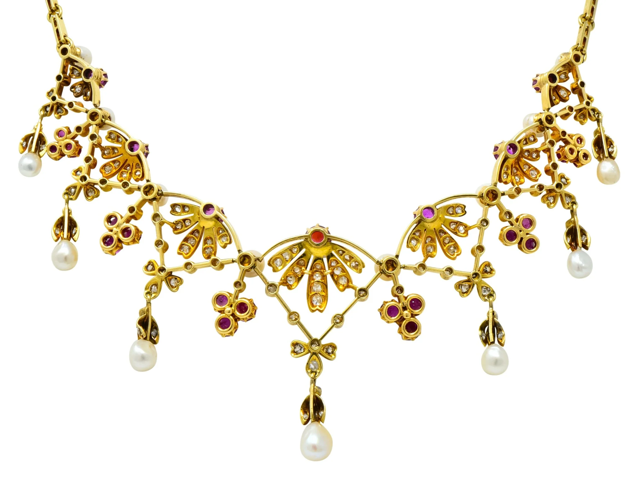Victorian 7.95 CTW Diamond Ruby Pearl 18 Karat Gold Fringe Necklace - Image 5