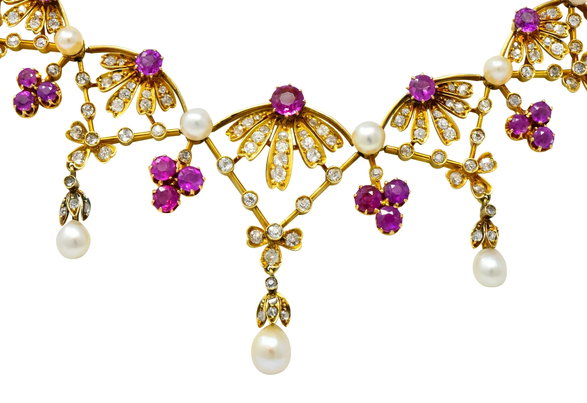Victorian 7.95 CTW Diamond Ruby Pearl 18 Karat Gold Fringe Necklace - Image 8