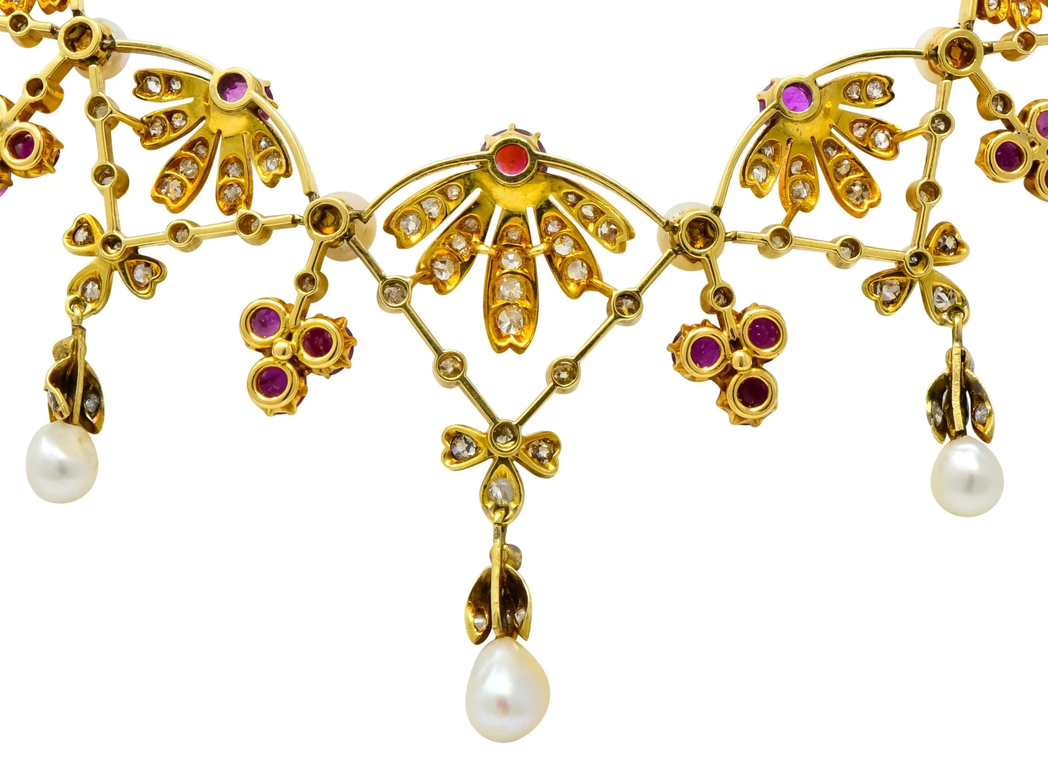 Victorian 7.95 CTW Diamond Ruby Pearl 18 Karat Gold Fringe Necklace - Image 9