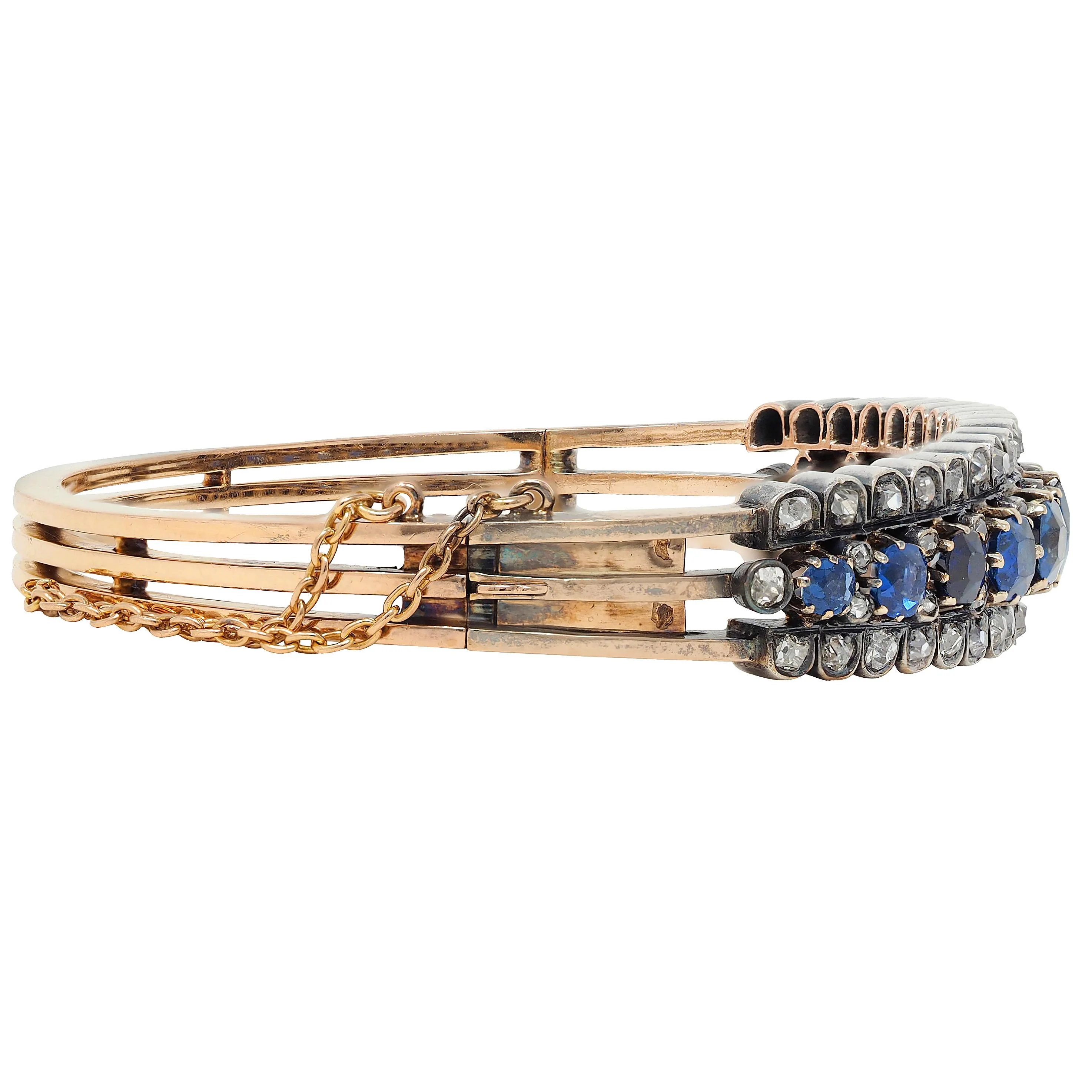 French Victorian 8.51 CTW Sapphire Diamond 18 Karat Yellow Gold Silver Antique Bangle Bracelet - Image 2