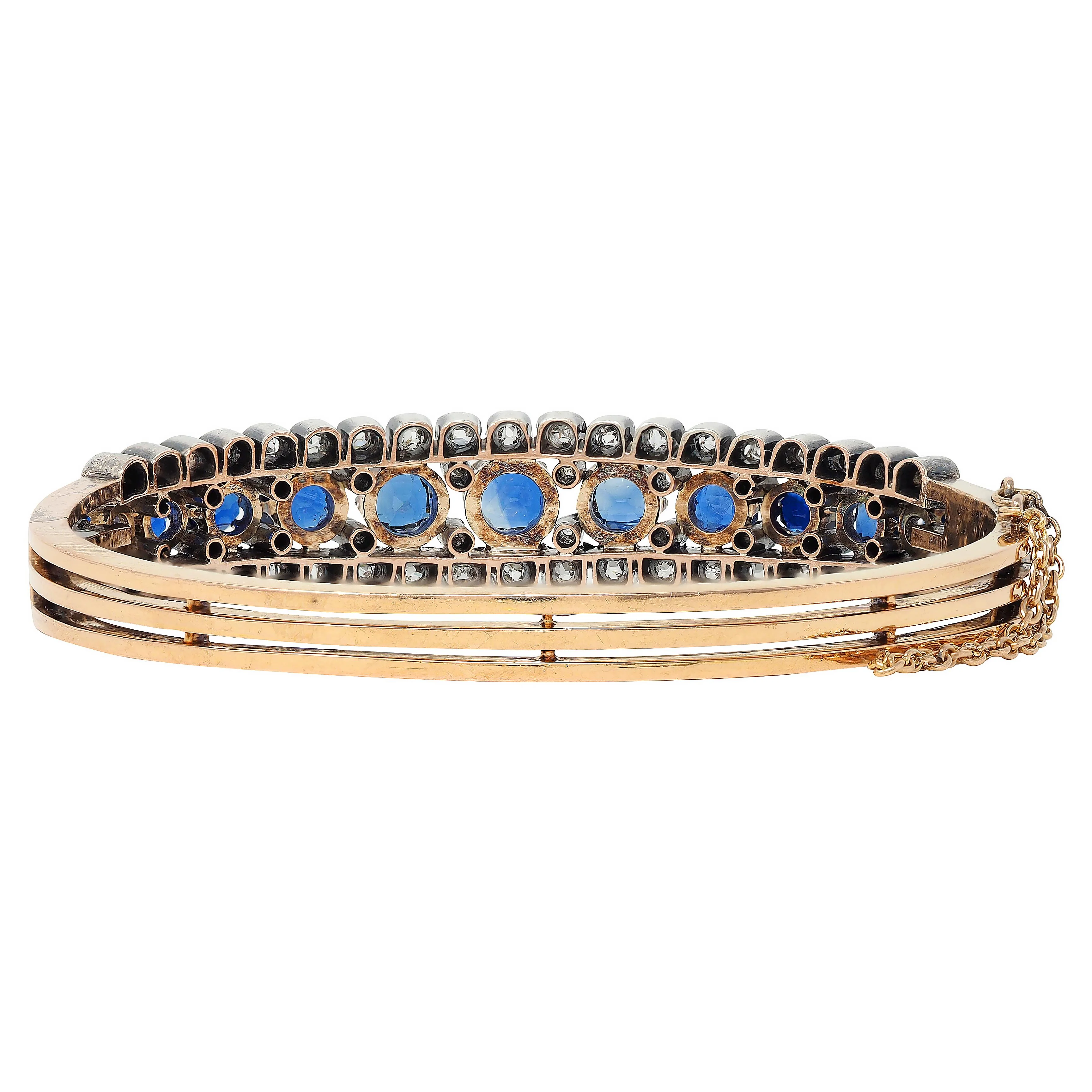 French Victorian 8.51 CTW Sapphire Diamond 18 Karat Yellow Gold Silver Antique Bangle Bracelet - Image 3