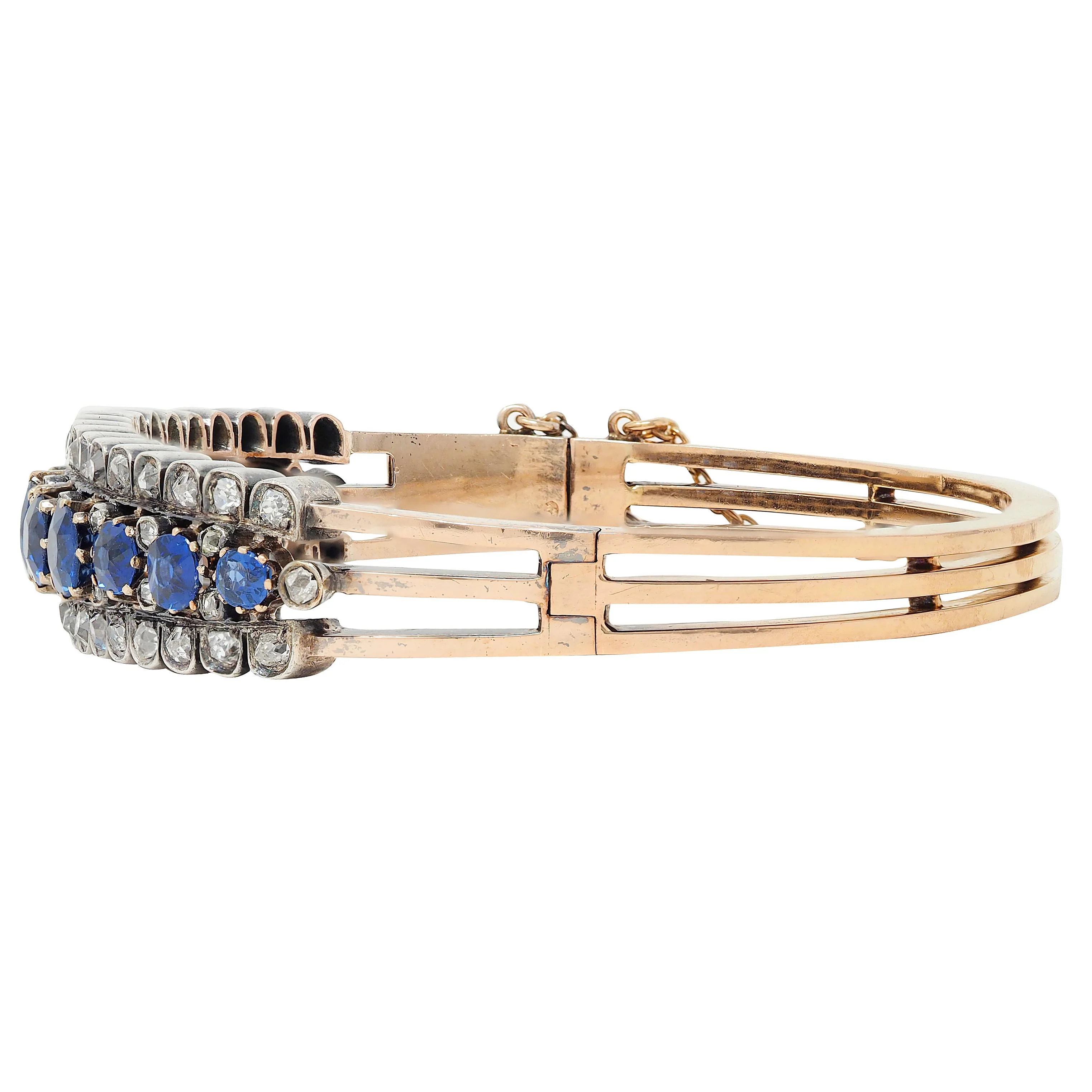 French Victorian 8.51 CTW Sapphire Diamond 18 Karat Yellow Gold Silver Antique Bangle Bracelet - Image 4