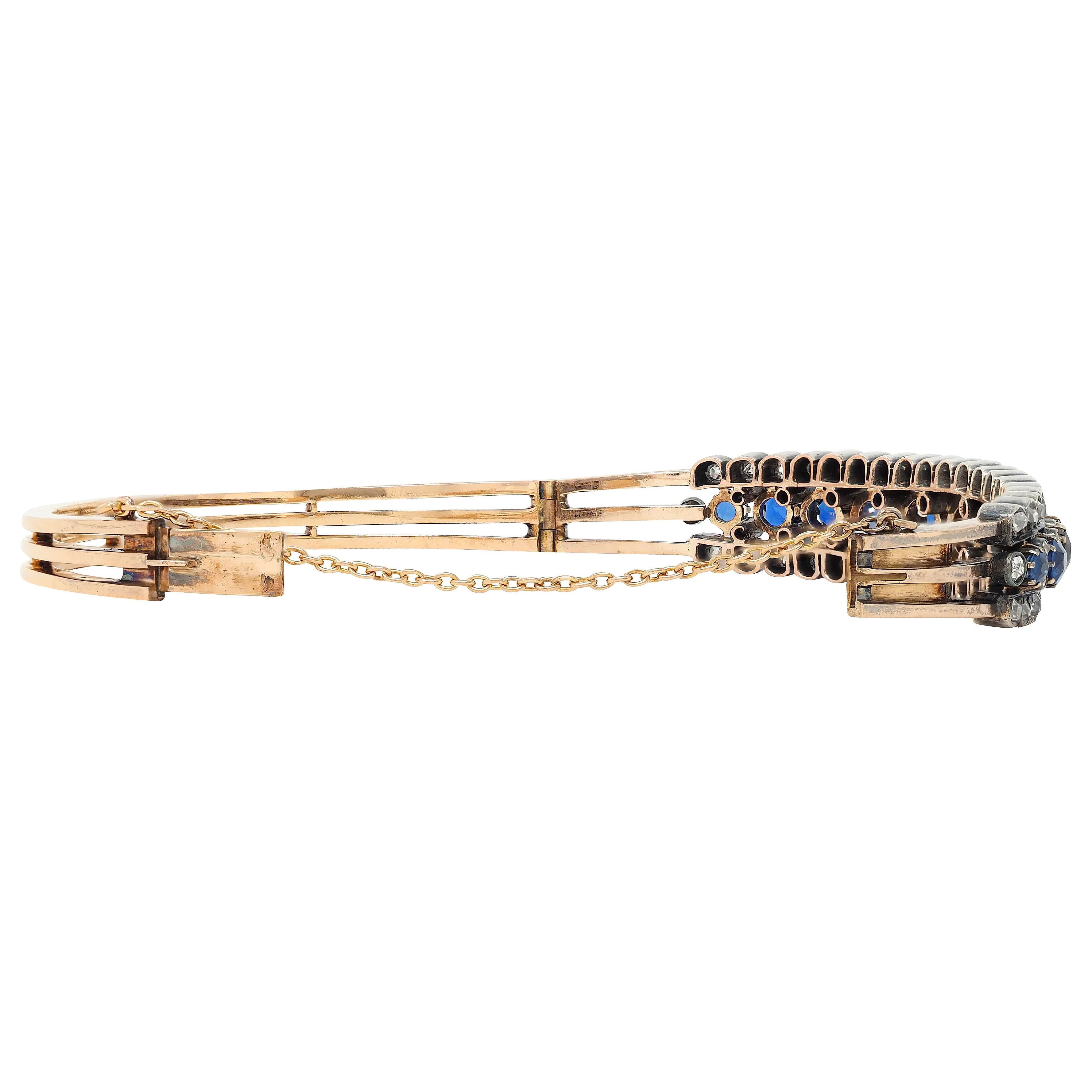 French Victorian 8.51 CTW Sapphire Diamond 18 Karat Yellow Gold Silver Antique Bangle Bracelet - Image 5