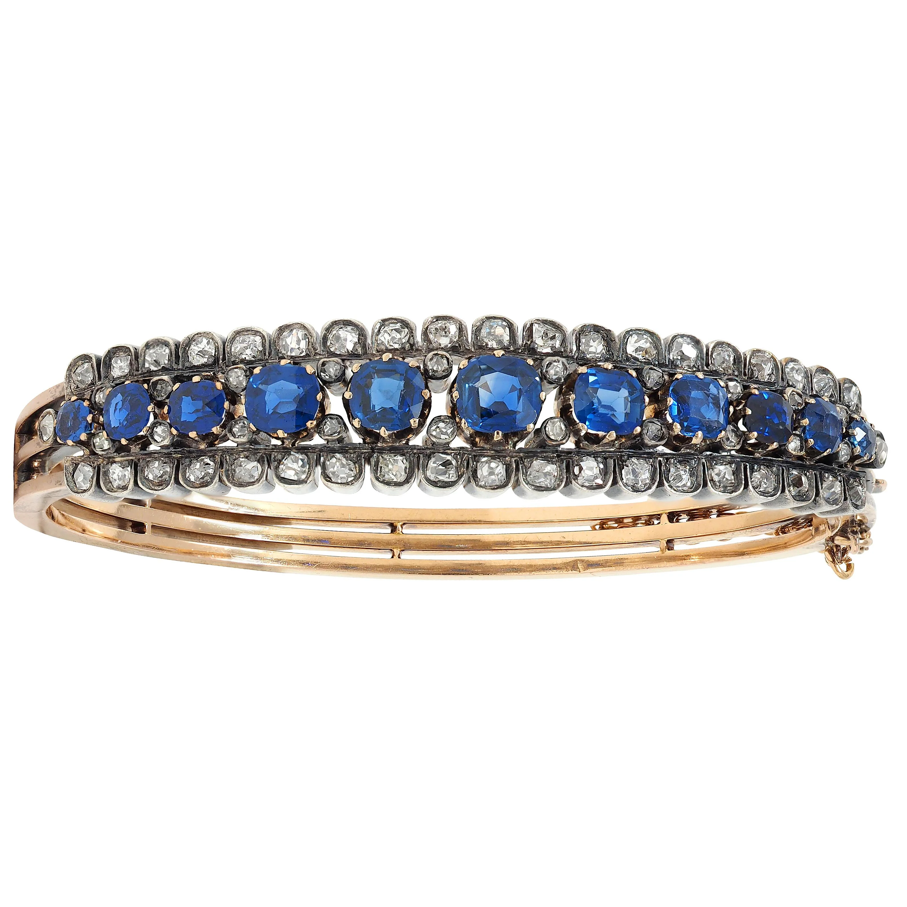French Victorian 8.51 CTW Sapphire Diamond 18 Karat Yellow Gold Silver Antique Bangle Bracelet - Image 6