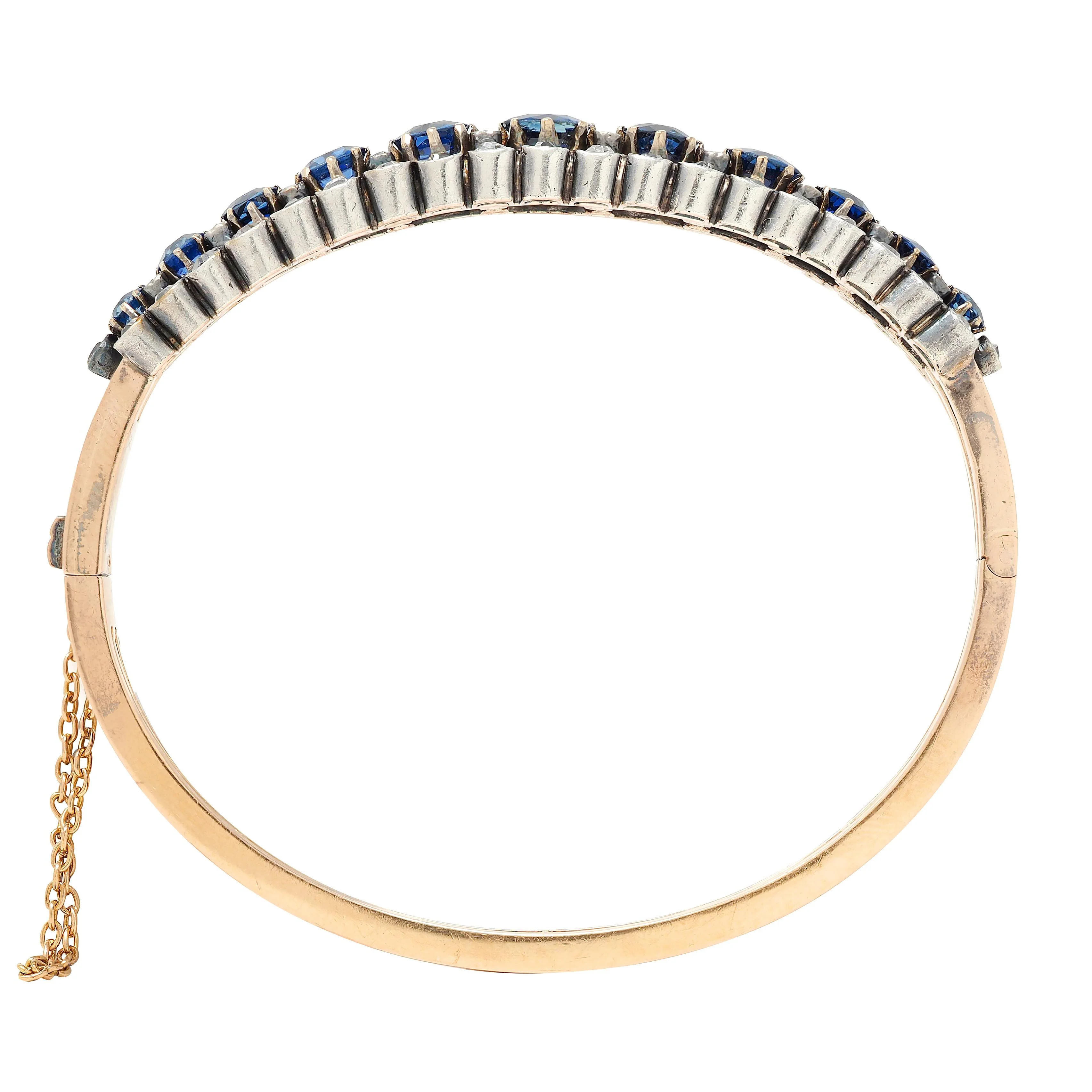 French Victorian 8.51 CTW Sapphire Diamond 18 Karat Yellow Gold Silver Antique Bangle Bracelet - Image 7