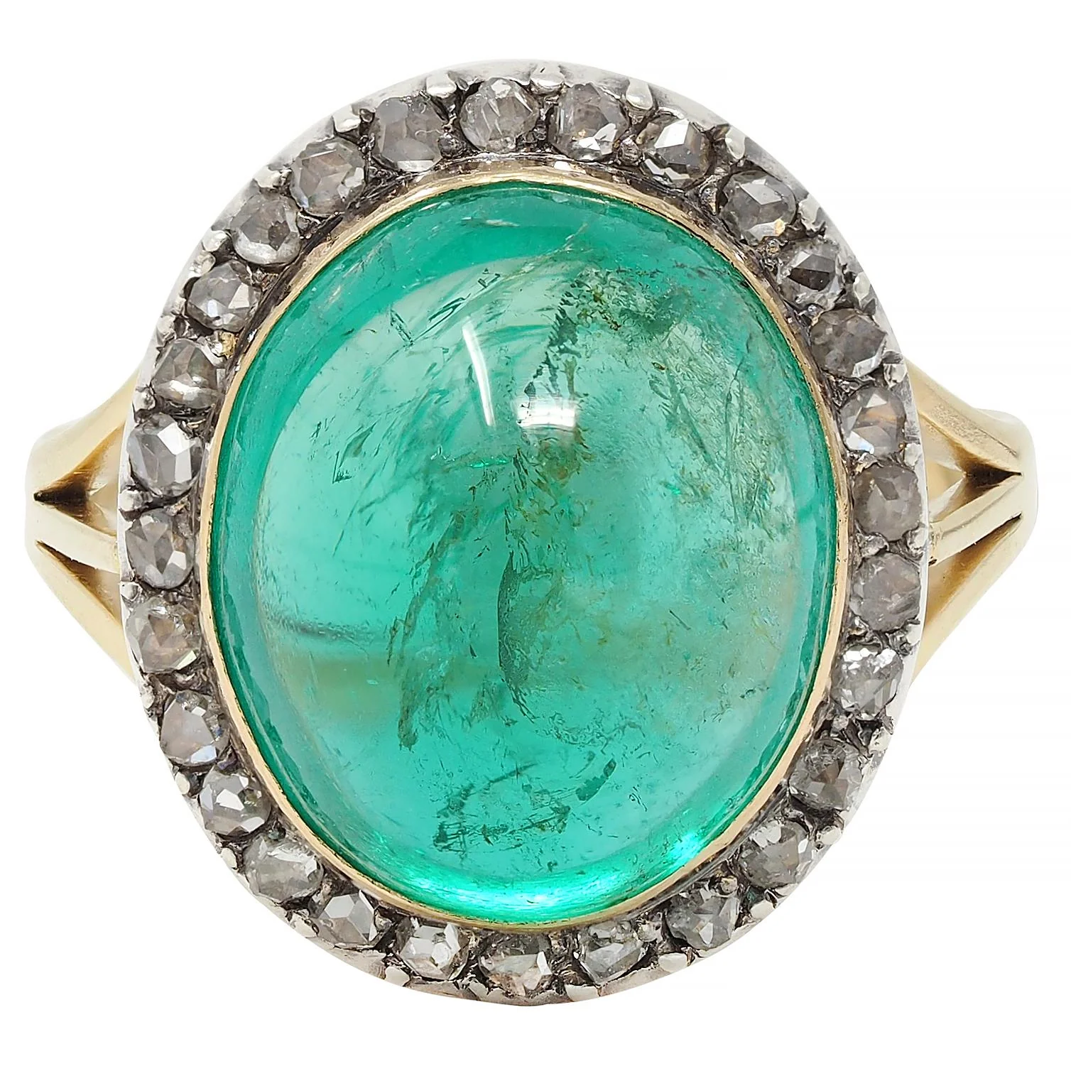 Victorian 9.50 CTW Colombian Emerald Cabochon Diamond Silver 18 Karat Yellow Gold Antique Halo Ring