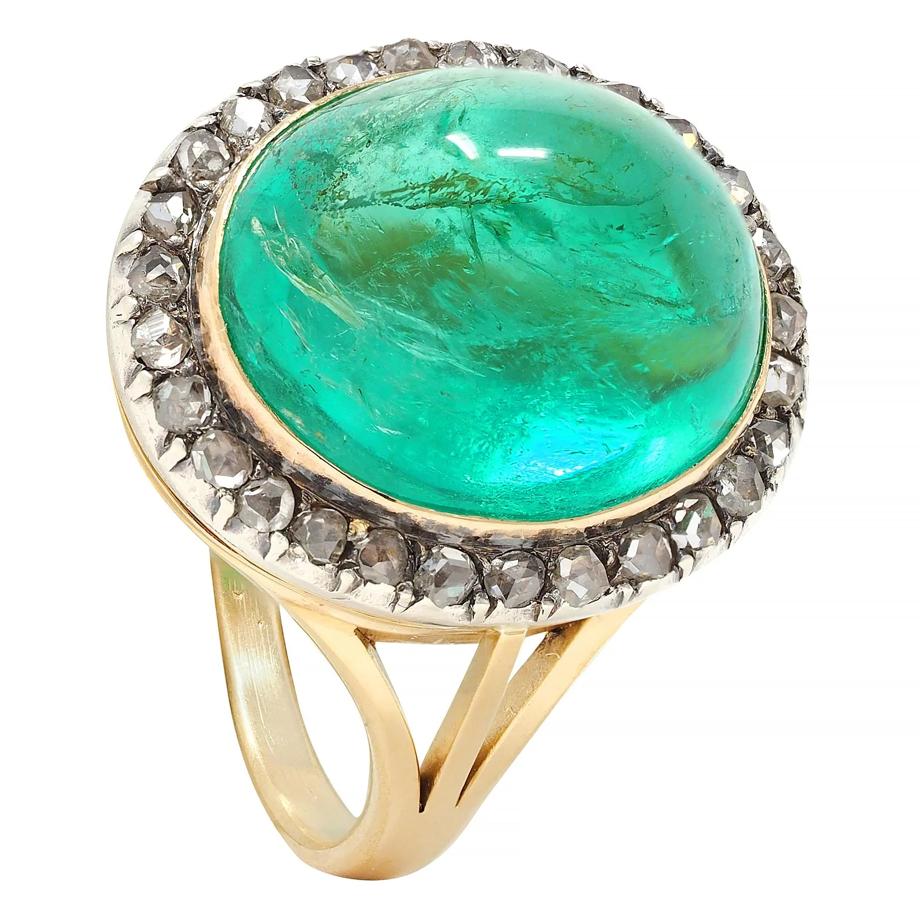 Victorian 9.50 CTW Colombian Emerald Cabochon Diamond Silver 18 Karat Yellow Gold Antique Halo Ring - Image 10