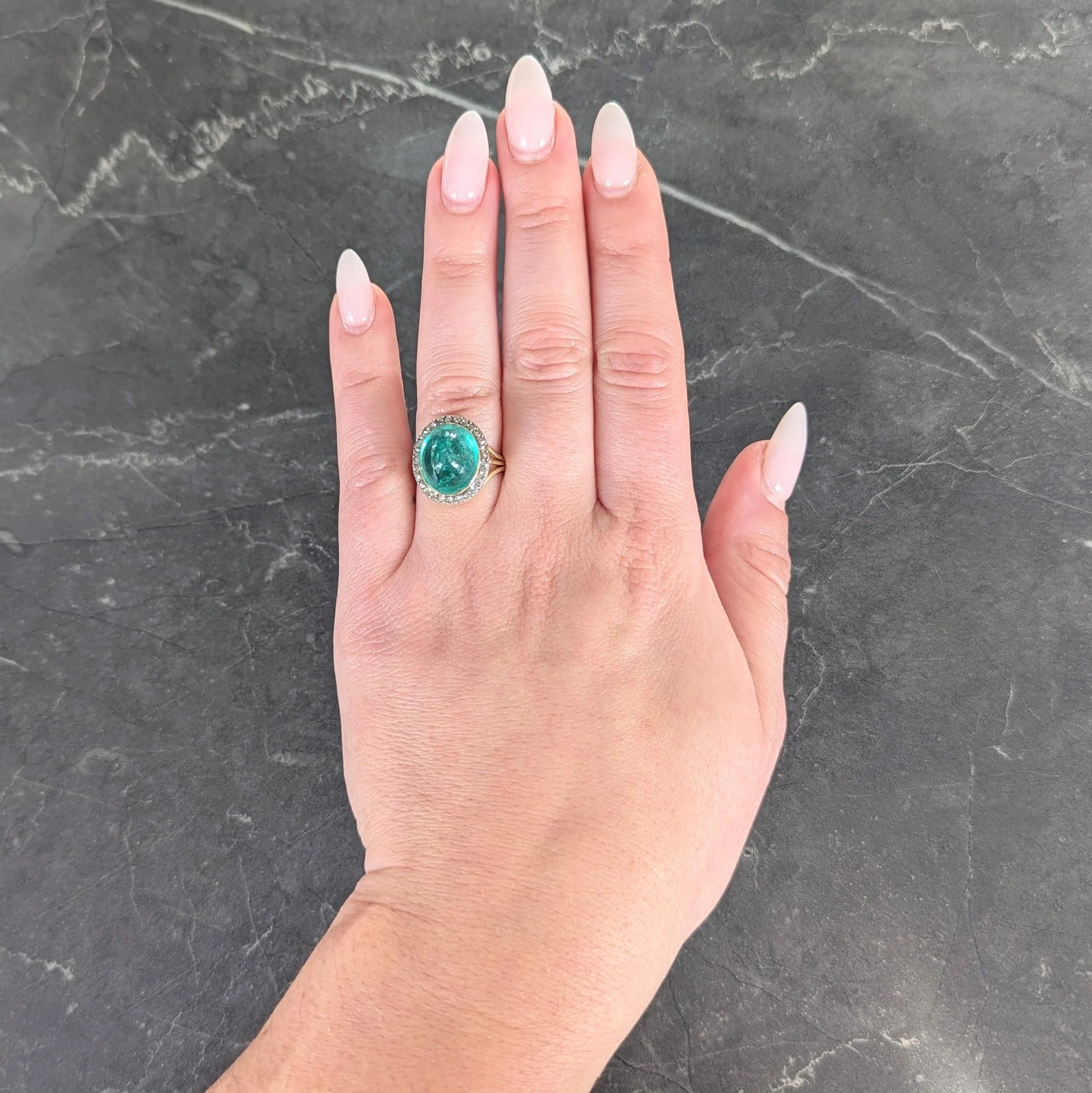 Victorian 9.50 CTW Colombian Emerald Cabochon Diamond Silver 18 Karat Yellow Gold Antique Halo Ring - Image 11