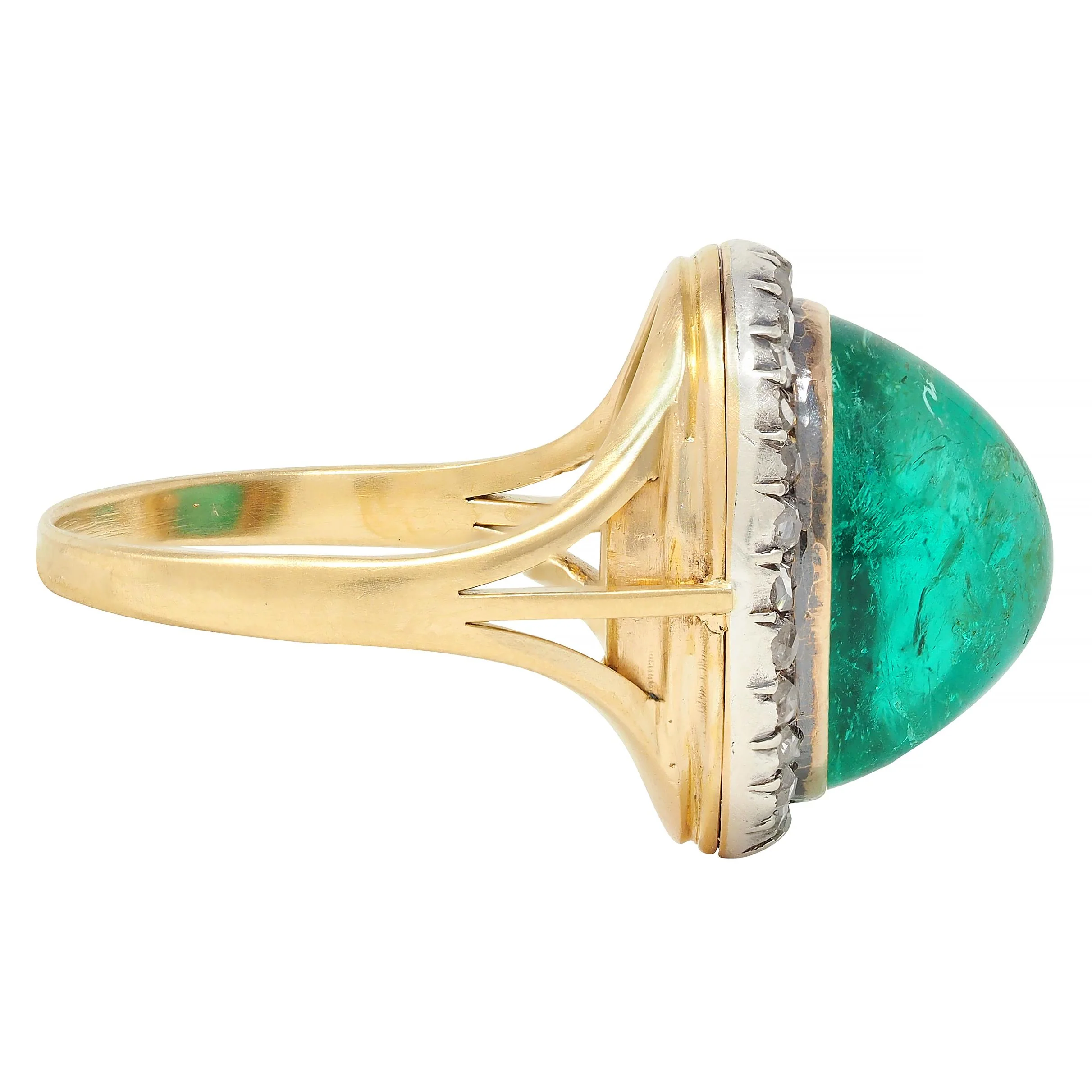 Victorian 9.50 CTW Colombian Emerald Cabochon Diamond Silver 18 Karat Yellow Gold Antique Halo Ring - Image 3