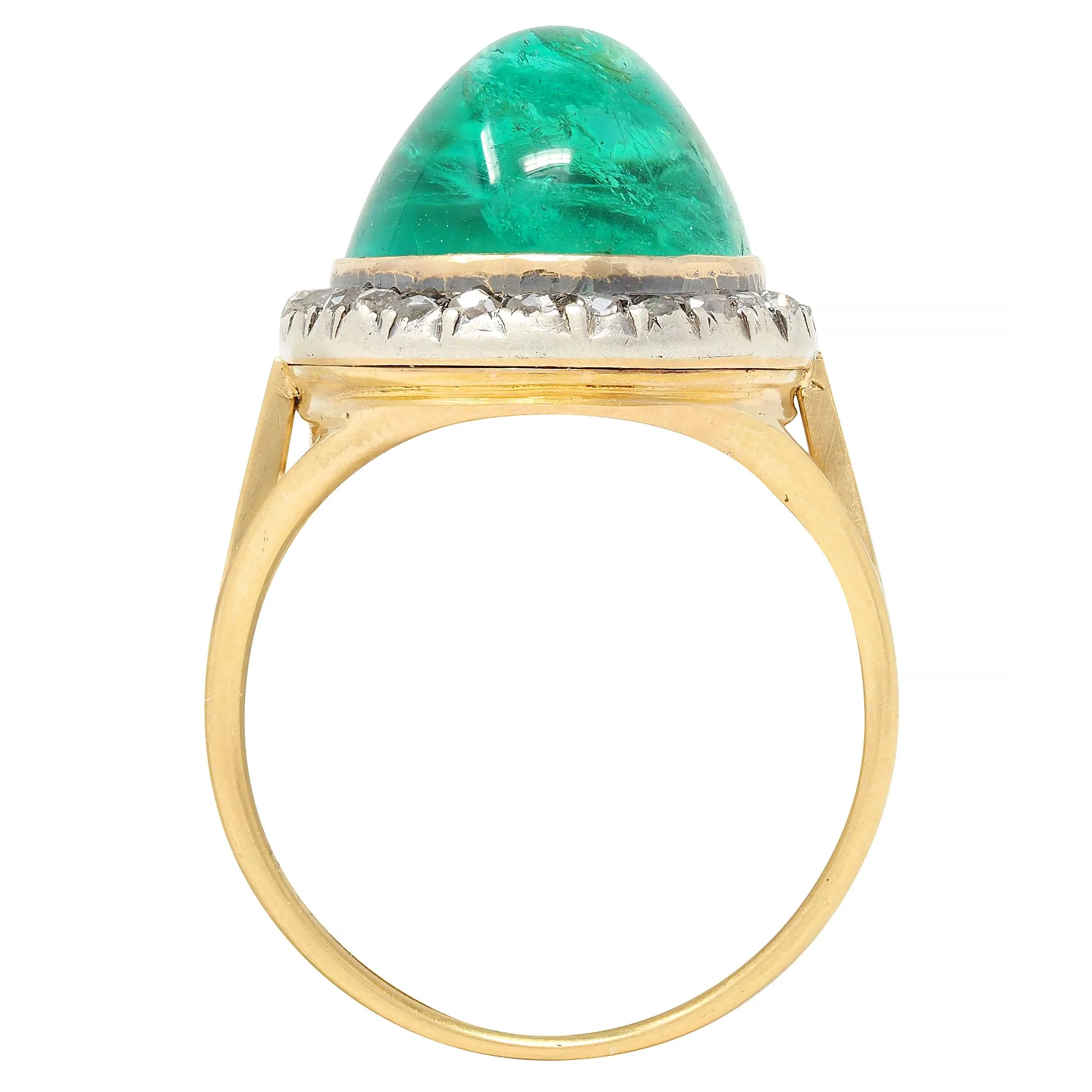 Victorian 9.50 CTW Colombian Emerald Cabochon Diamond Silver 18 Karat Yellow Gold Antique Halo Ring - Image 4