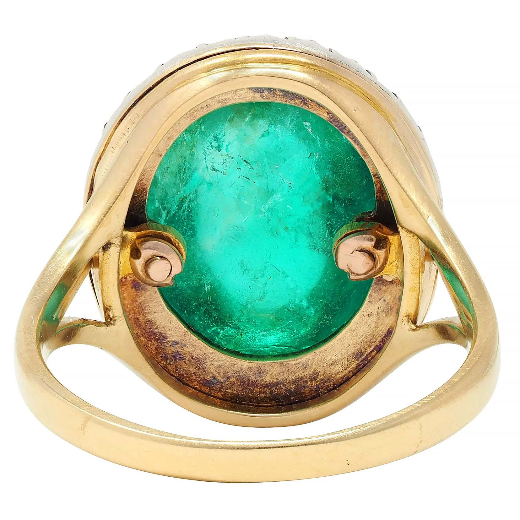 Victorian 9.50 CTW Colombian Emerald Cabochon Diamond Silver 18 Karat Yellow Gold Antique Halo Ring - Image 5