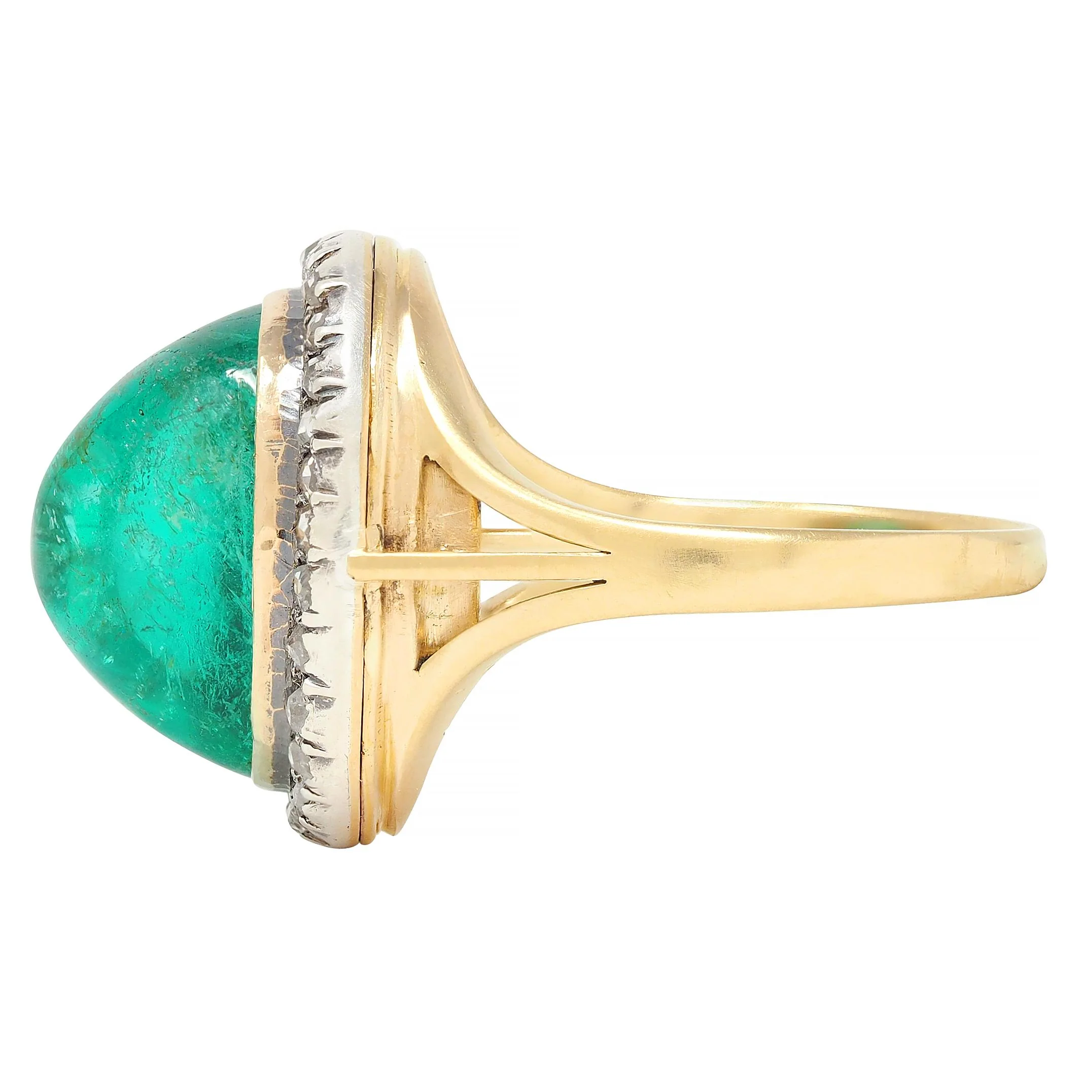 Victorian 9.50 CTW Colombian Emerald Cabochon Diamond Silver 18 Karat Yellow Gold Antique Halo Ring - Image 6