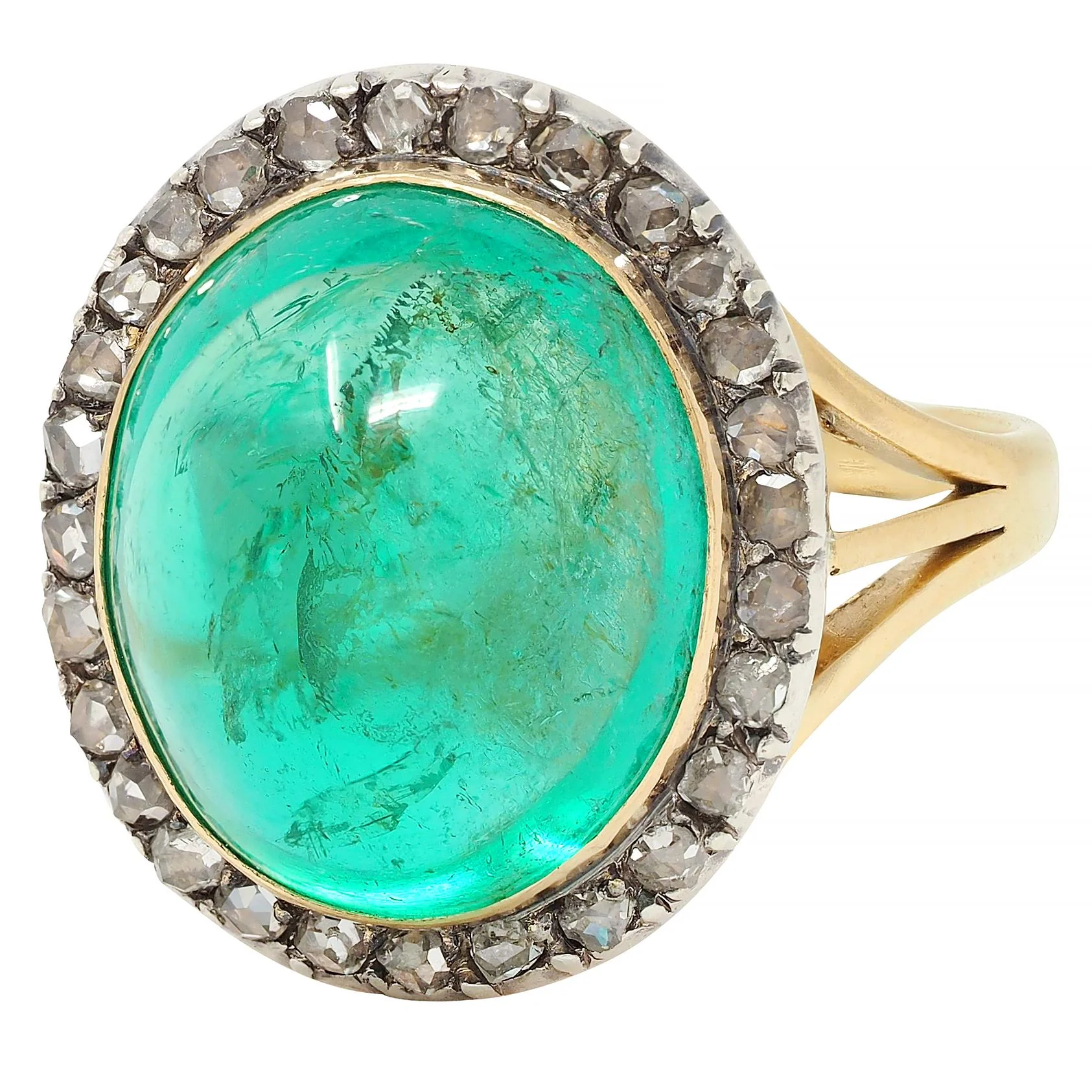 Victorian 9.50 CTW Colombian Emerald Cabochon Diamond Silver 18 Karat Yellow Gold Antique Halo Ring - Image 7