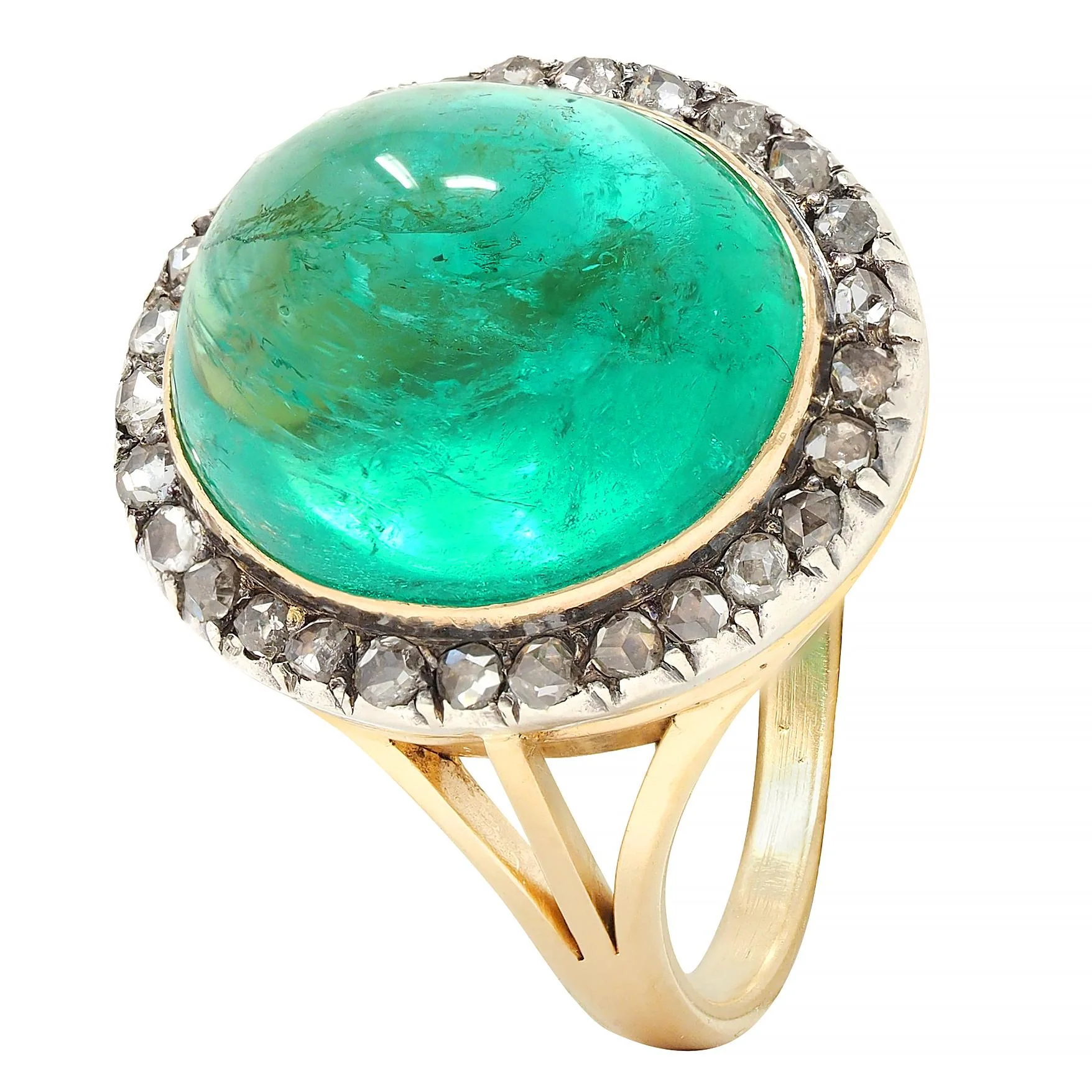 Victorian 9.50 CTW Colombian Emerald Cabochon Diamond Silver 18 Karat Yellow Gold Antique Halo Ring - Image 8