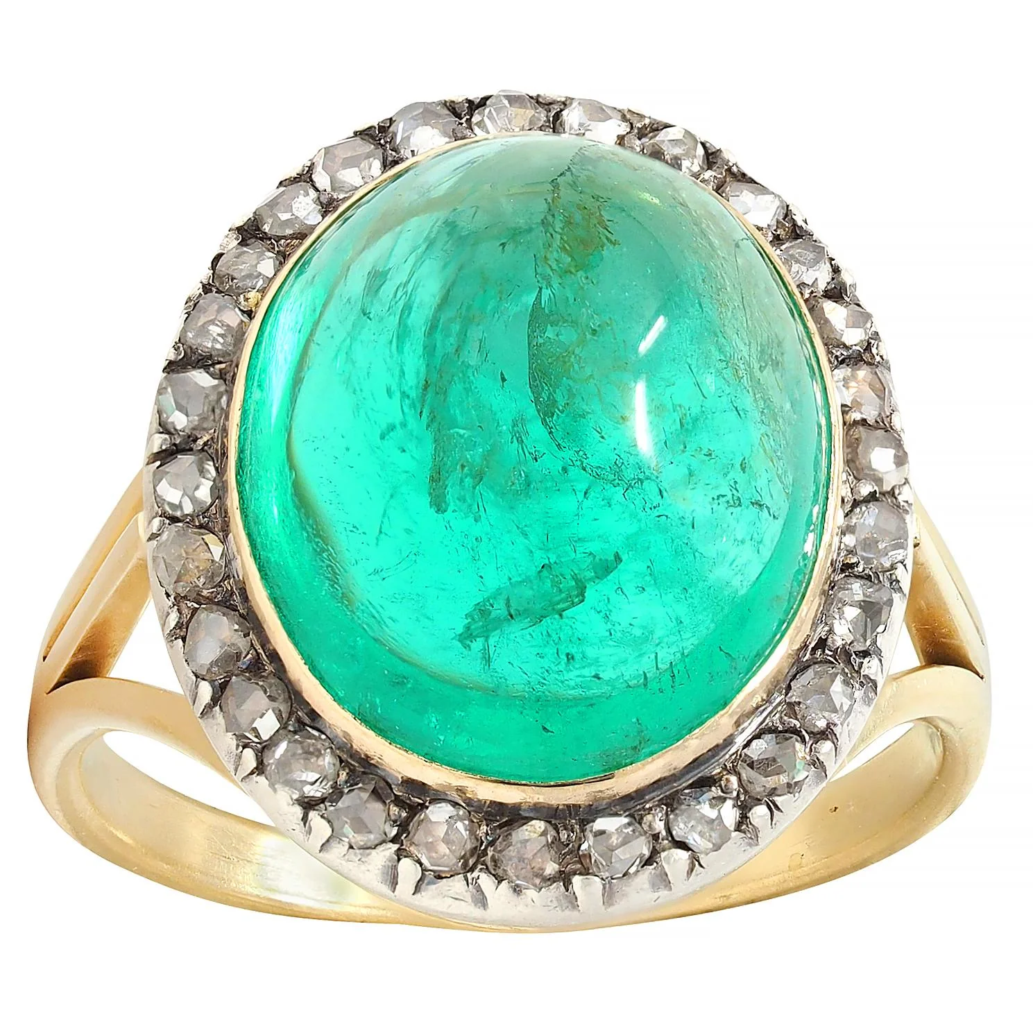 Victorian 9.50 CTW Colombian Emerald Cabochon Diamond Silver 18 Karat Yellow Gold Antique Halo Ring - Image 9