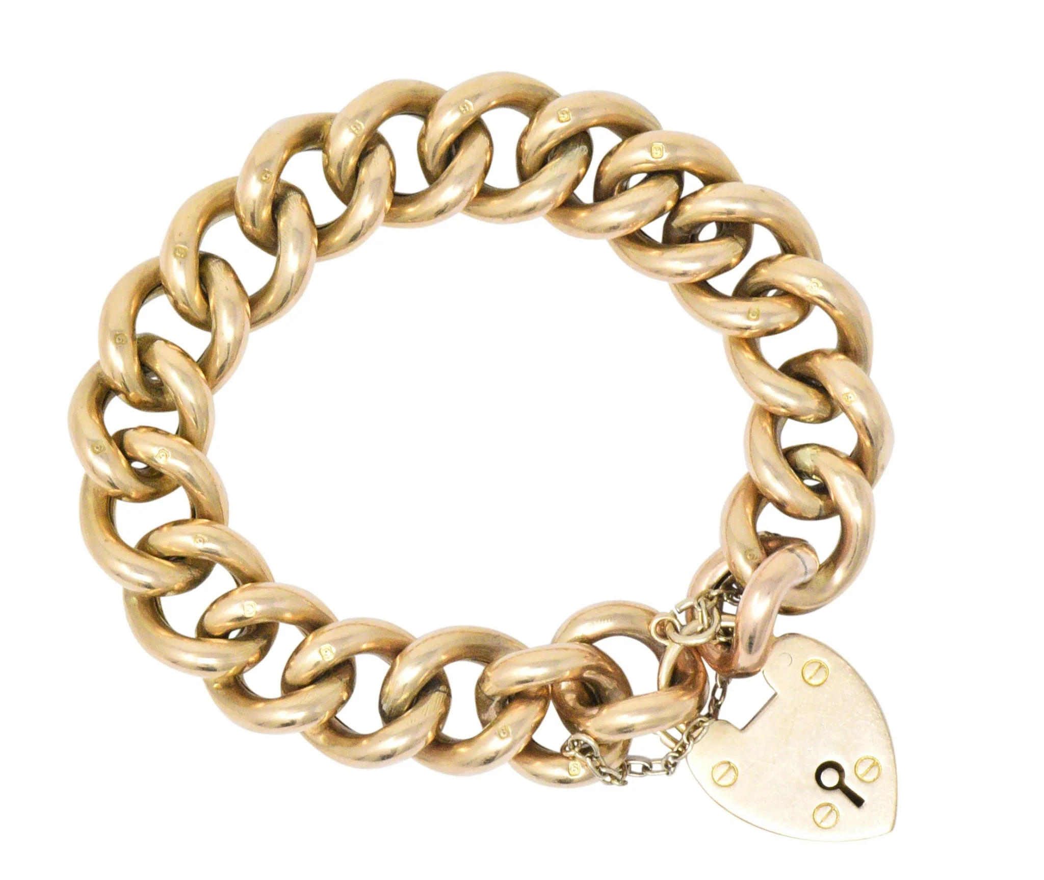 Victorian 9 Karat Rose Gold Heart Padlock Curb Link Bracelet - Image 5