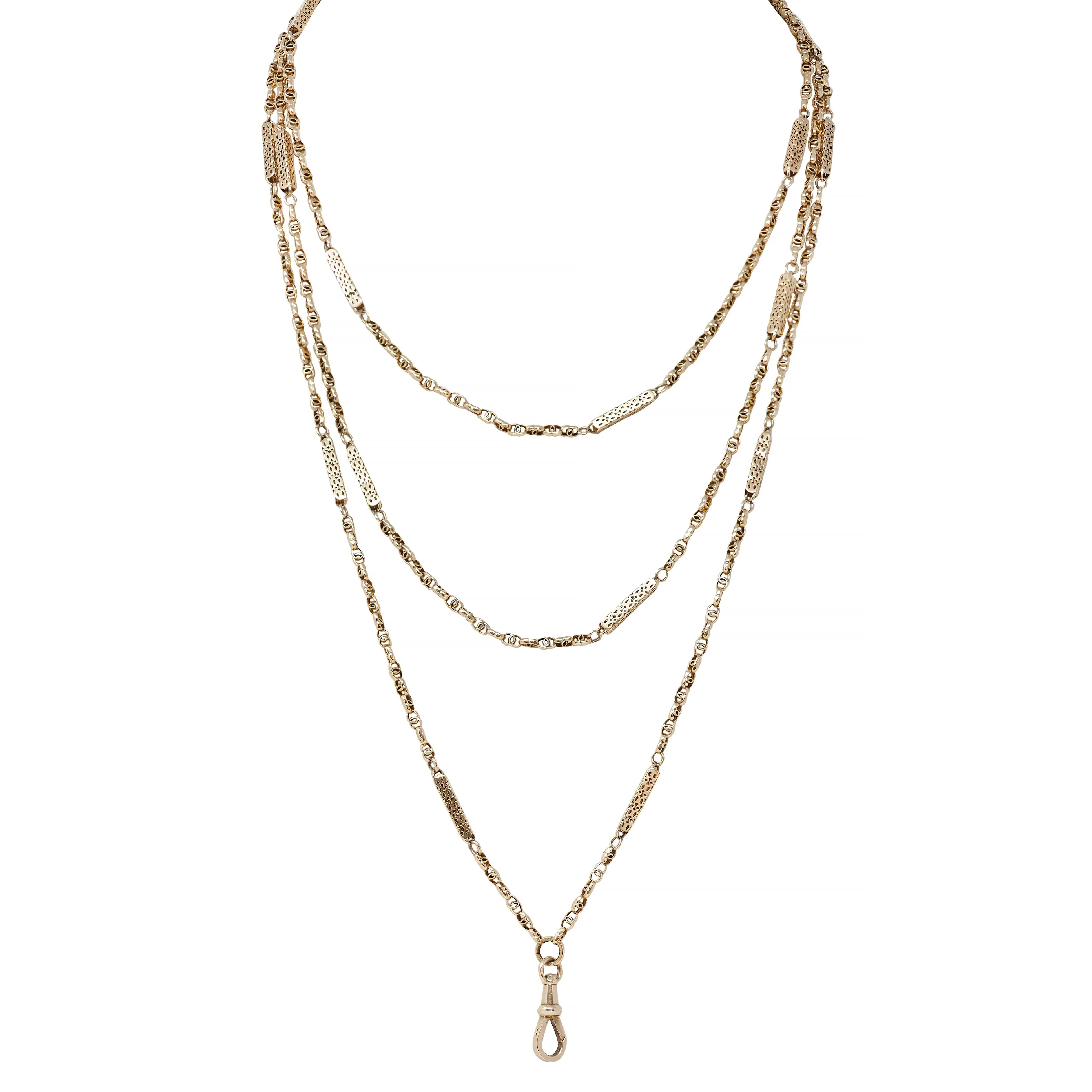 Victorian 9 Karat Yellow Gold Antique 71 In Long Fancy Bar Link Chain Necklace
