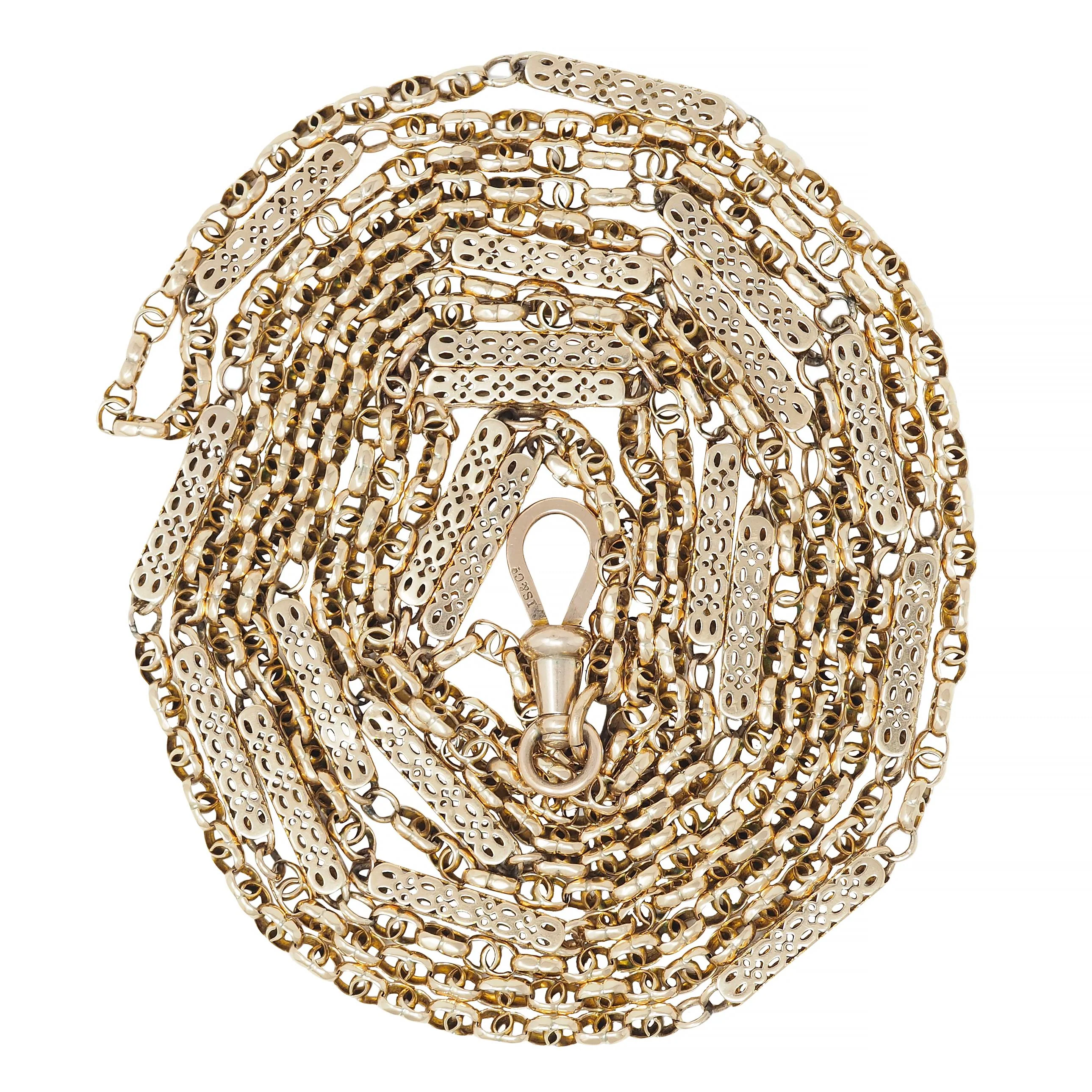 Victorian 9 Karat Yellow Gold Antique 71 In Long Fancy Bar Link Chain Necklace - Image 10