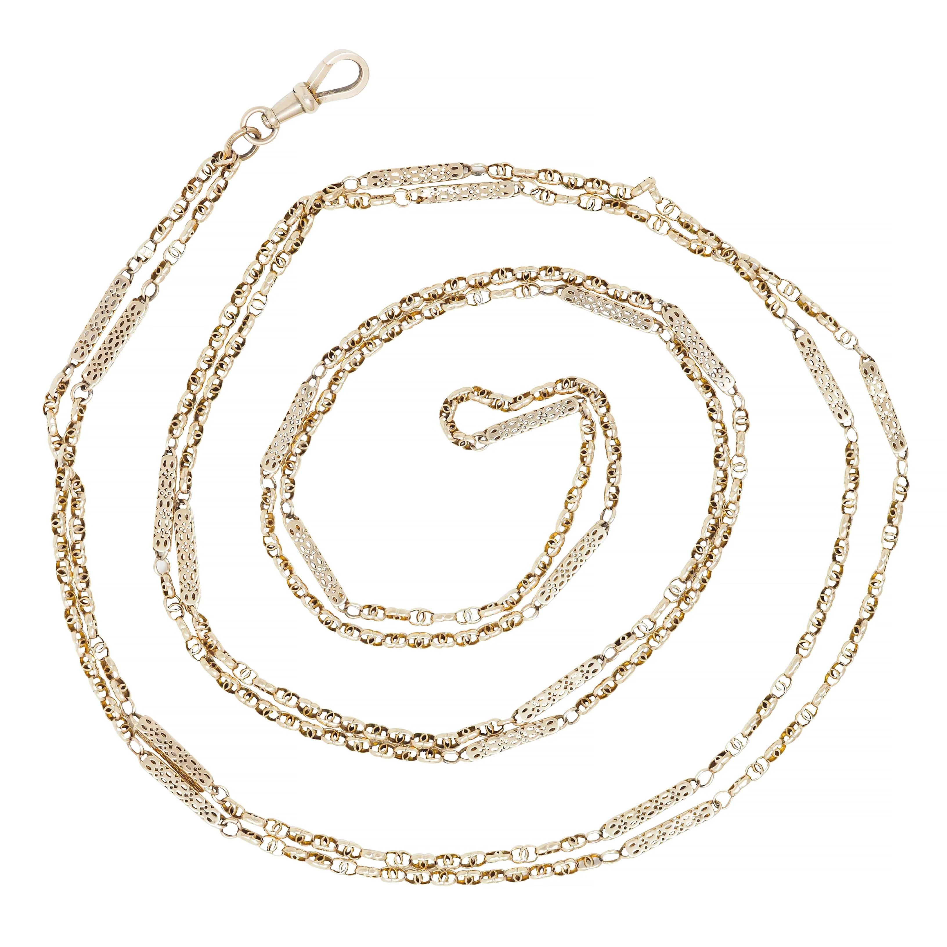 Victorian 9 Karat Yellow Gold Antique 71 In Long Fancy Bar Link Chain Necklace - Image 3