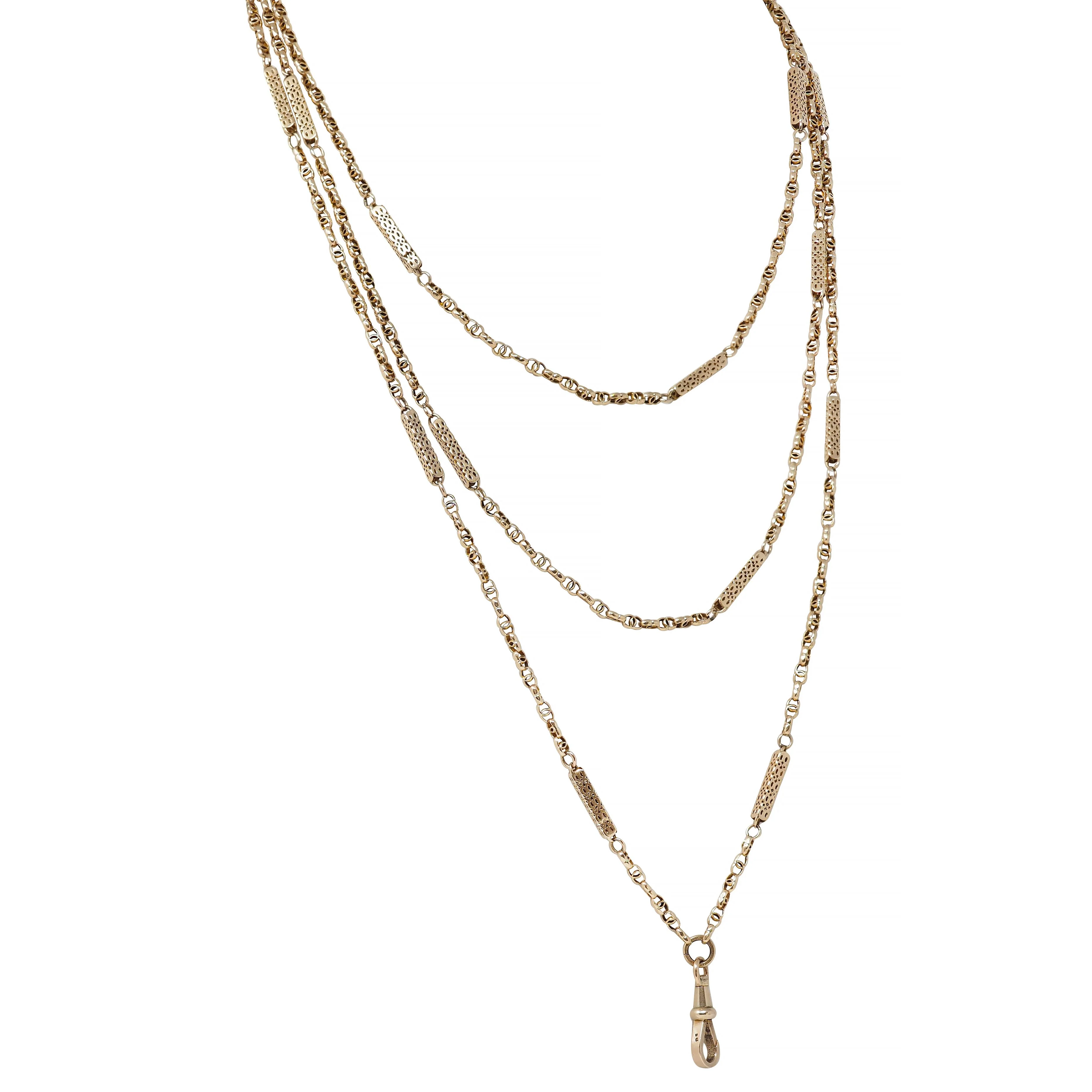Victorian 9 Karat Yellow Gold Antique 71 In Long Fancy Bar Link Chain Necklace - Image 4