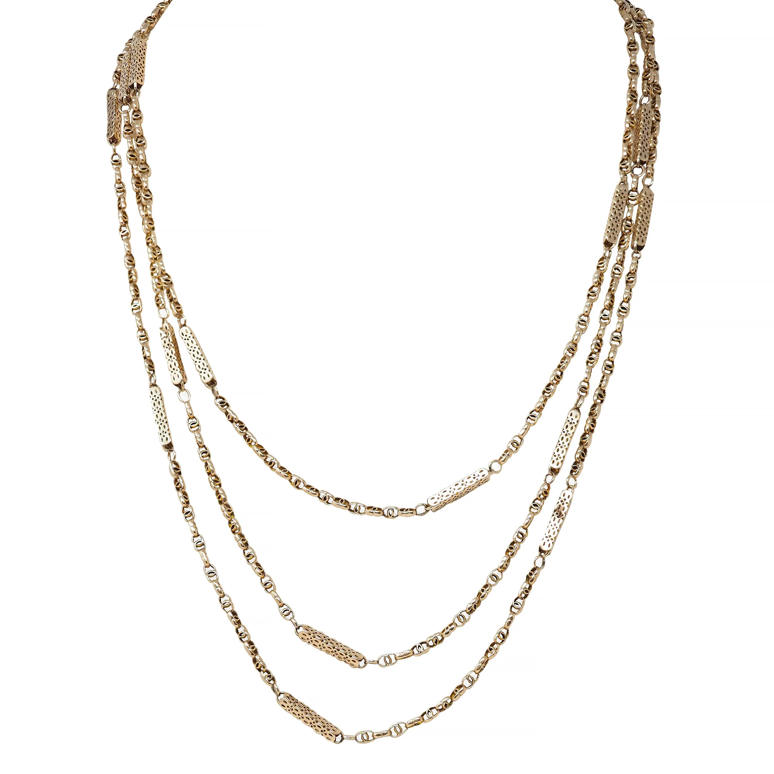 Victorian 9 Karat Yellow Gold Antique 71 In Long Fancy Bar Link Chain Necklace - Image 5