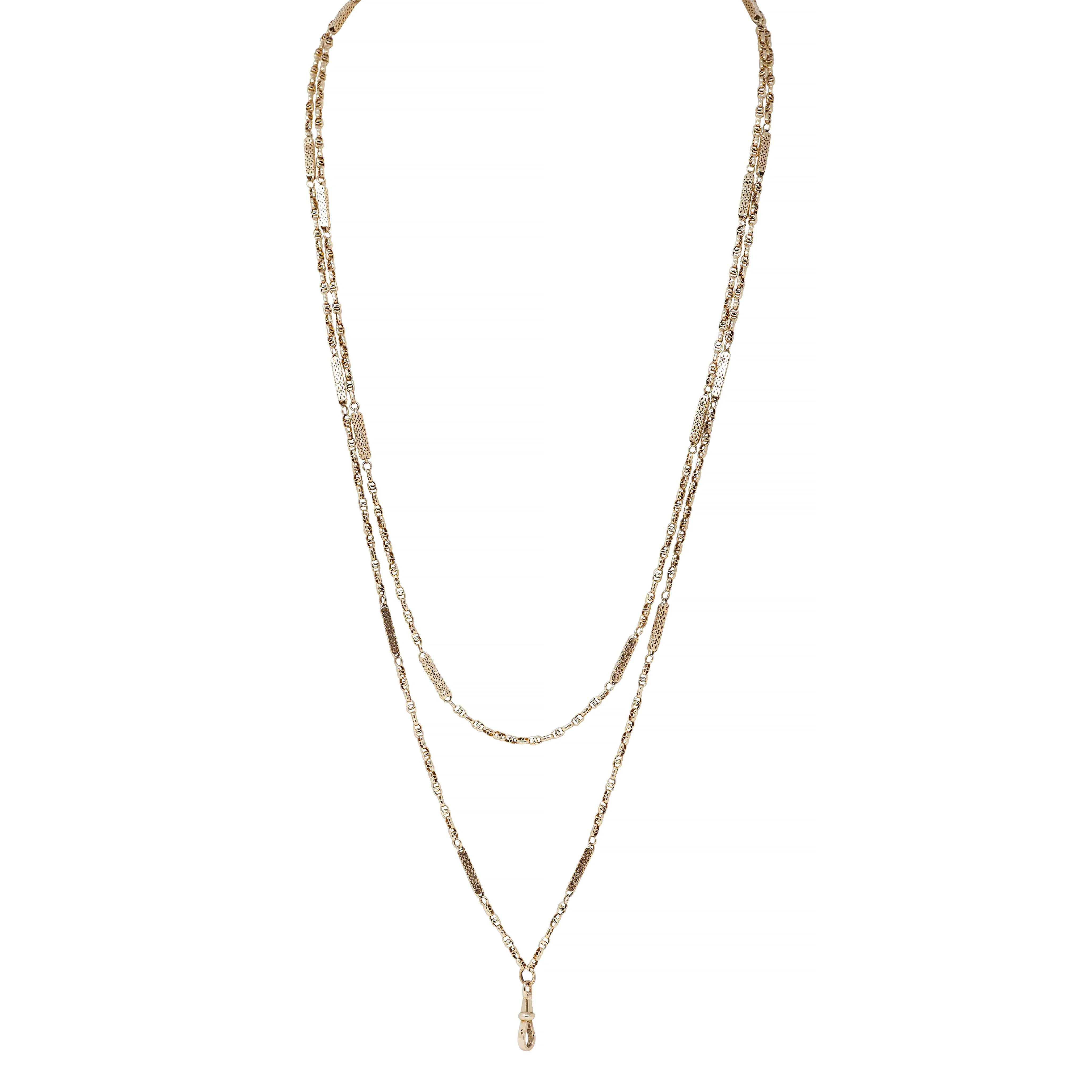 Victorian 9 Karat Yellow Gold Antique 71 In Long Fancy Bar Link Chain Necklace - Image 7