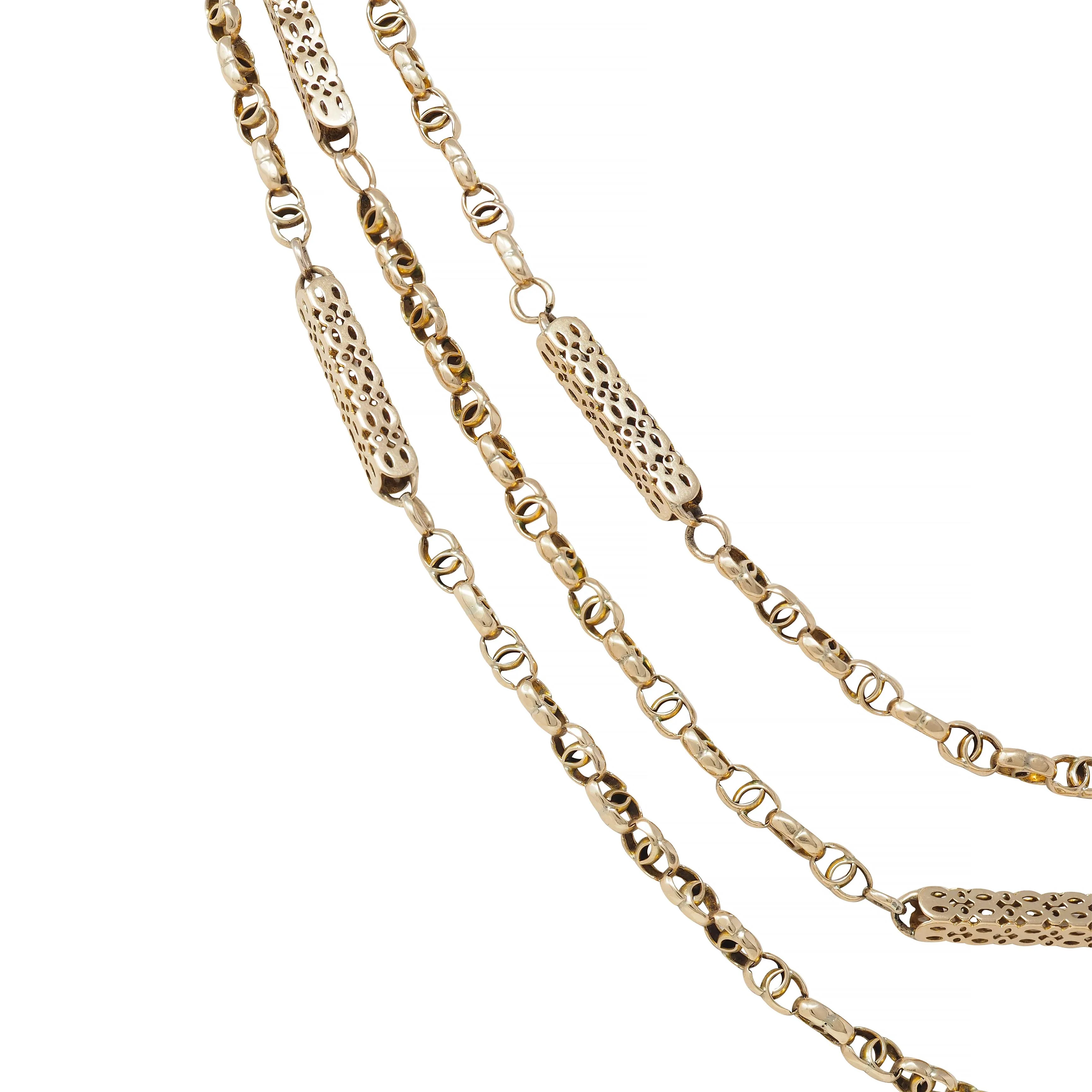 Victorian 9 Karat Yellow Gold Antique 71 In Long Fancy Bar Link Chain Necklace - Image 9