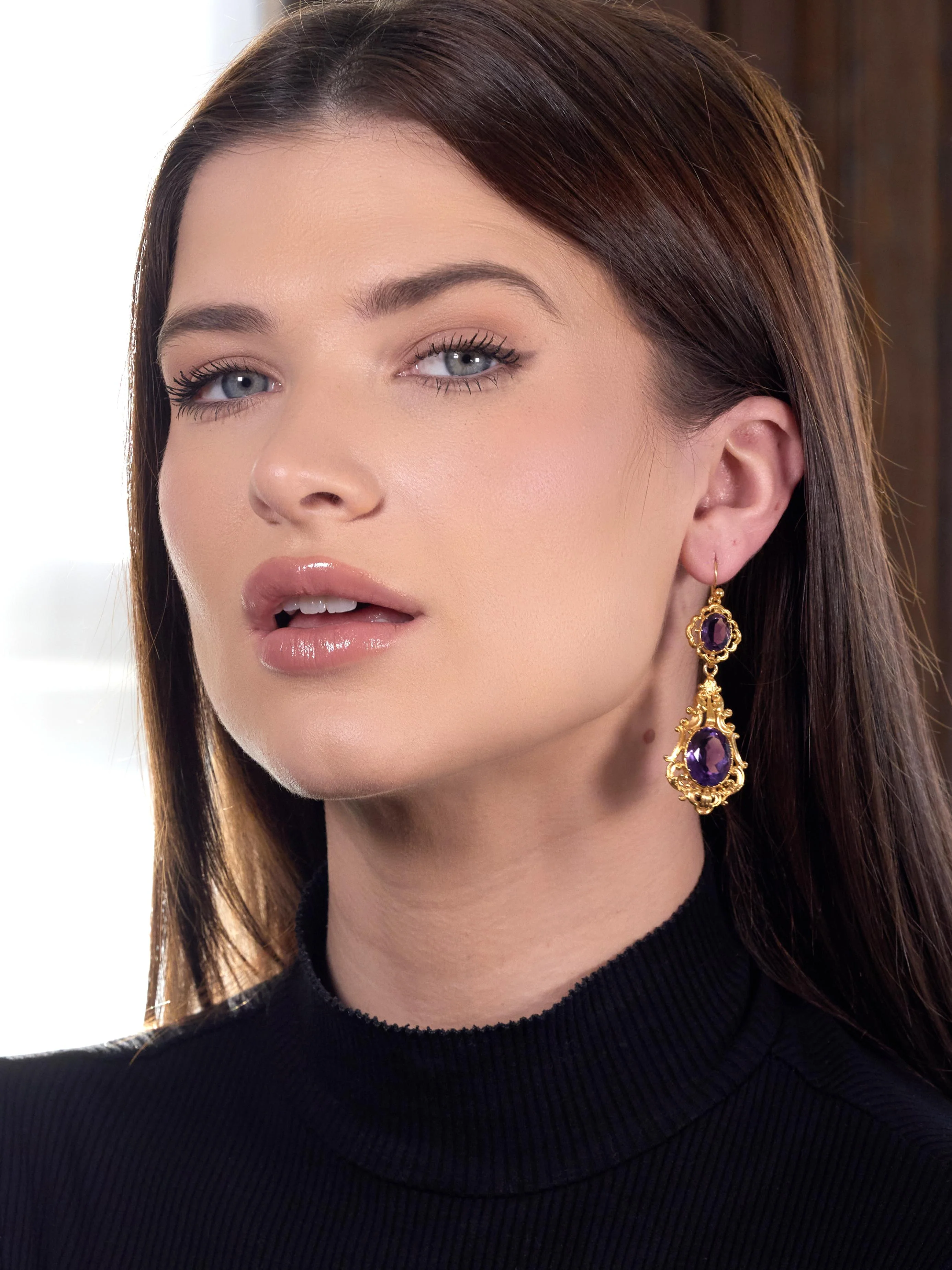 Victorian Amethyst 14 Karat Yellow Gold Antique Scrolling Drop Earrings - Image 2
