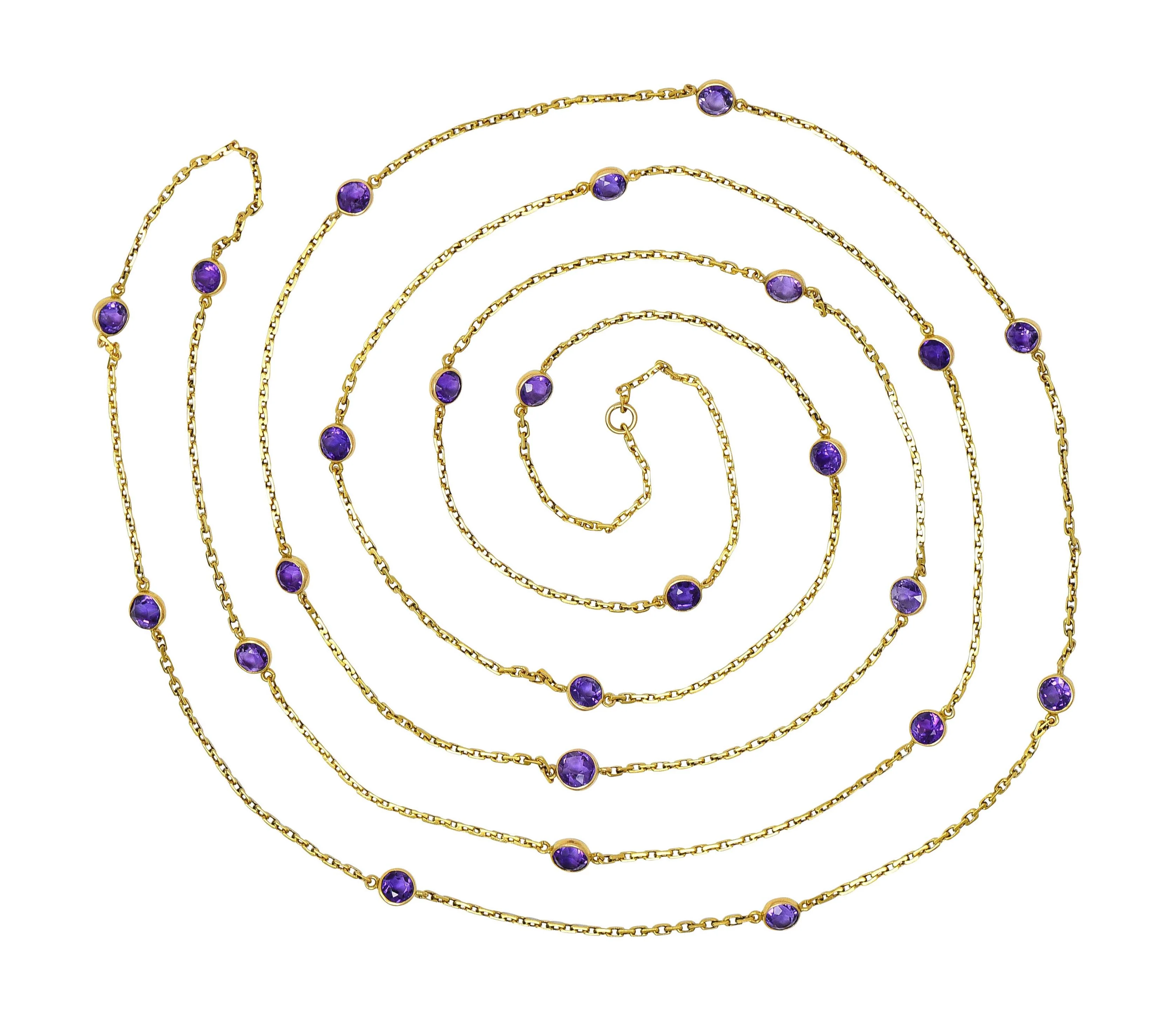 Victorian Amethyst 18 Karat Yellow Gold 59 IN Long Antique Station Chain Necklace - Image 3