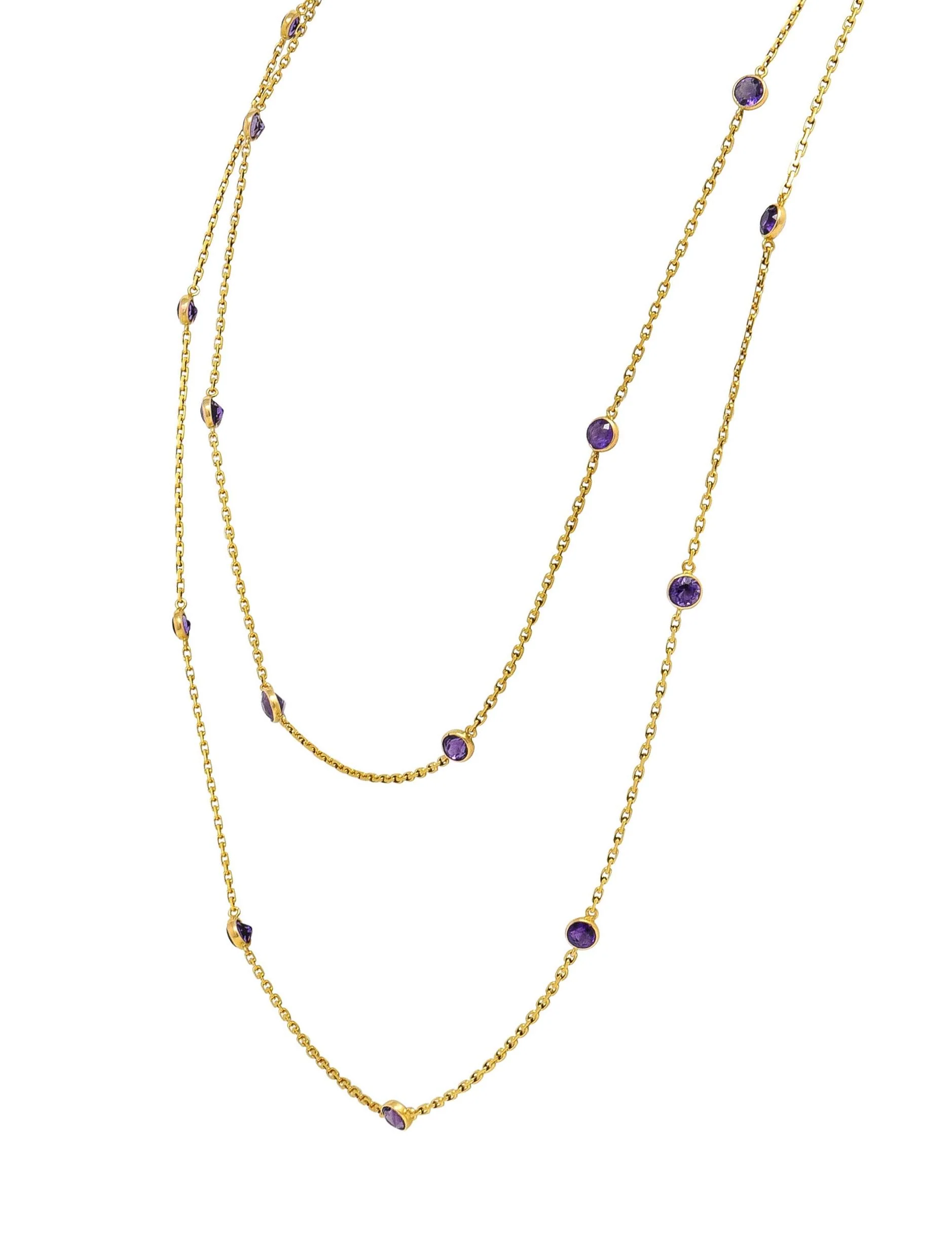Victorian Amethyst 18 Karat Yellow Gold 59 IN Long Antique Station Chain Necklace - Image 4