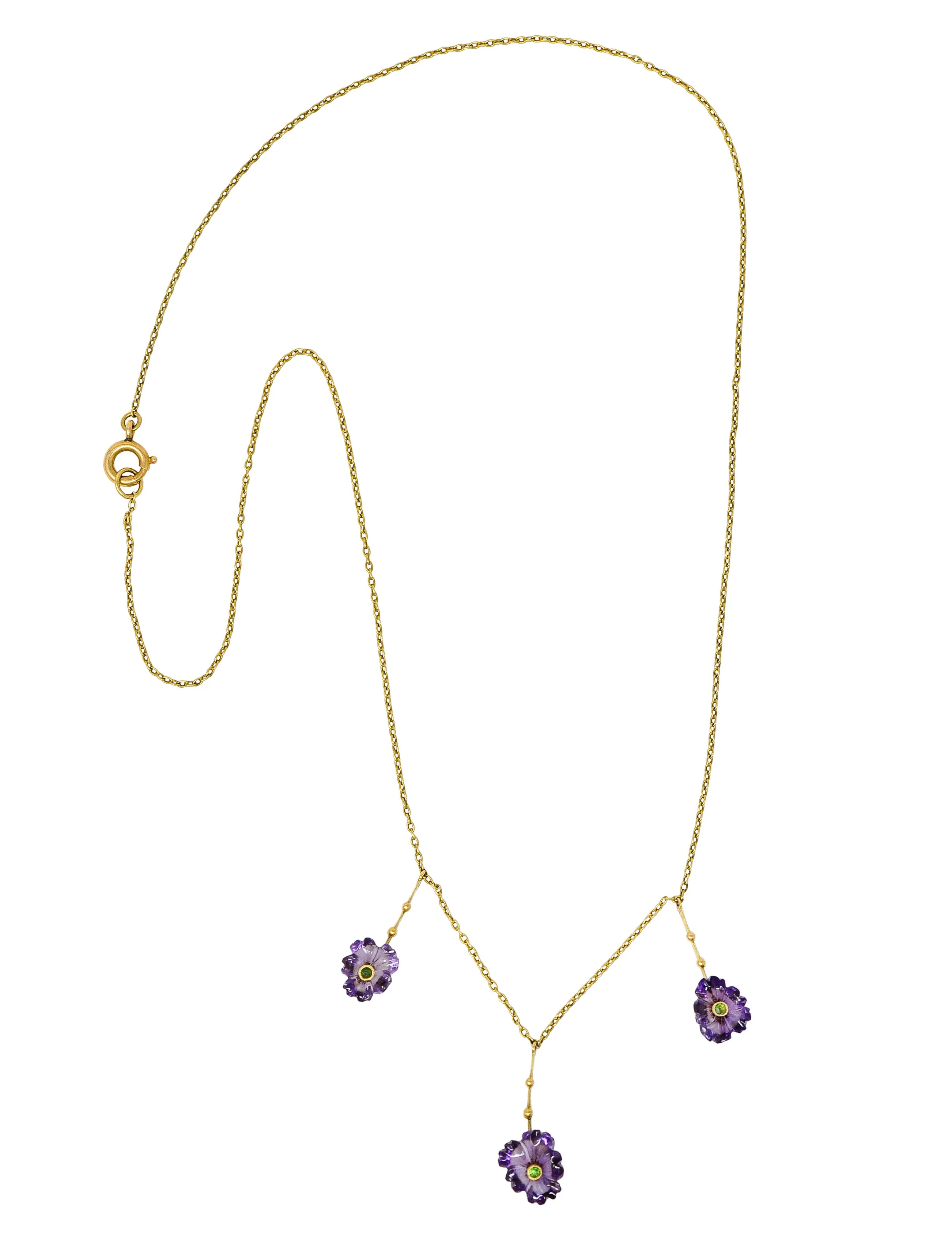 Victorian Amethyst Demantoid Garnet 18 Karat Gold Flower Drop Necklace - Image 2