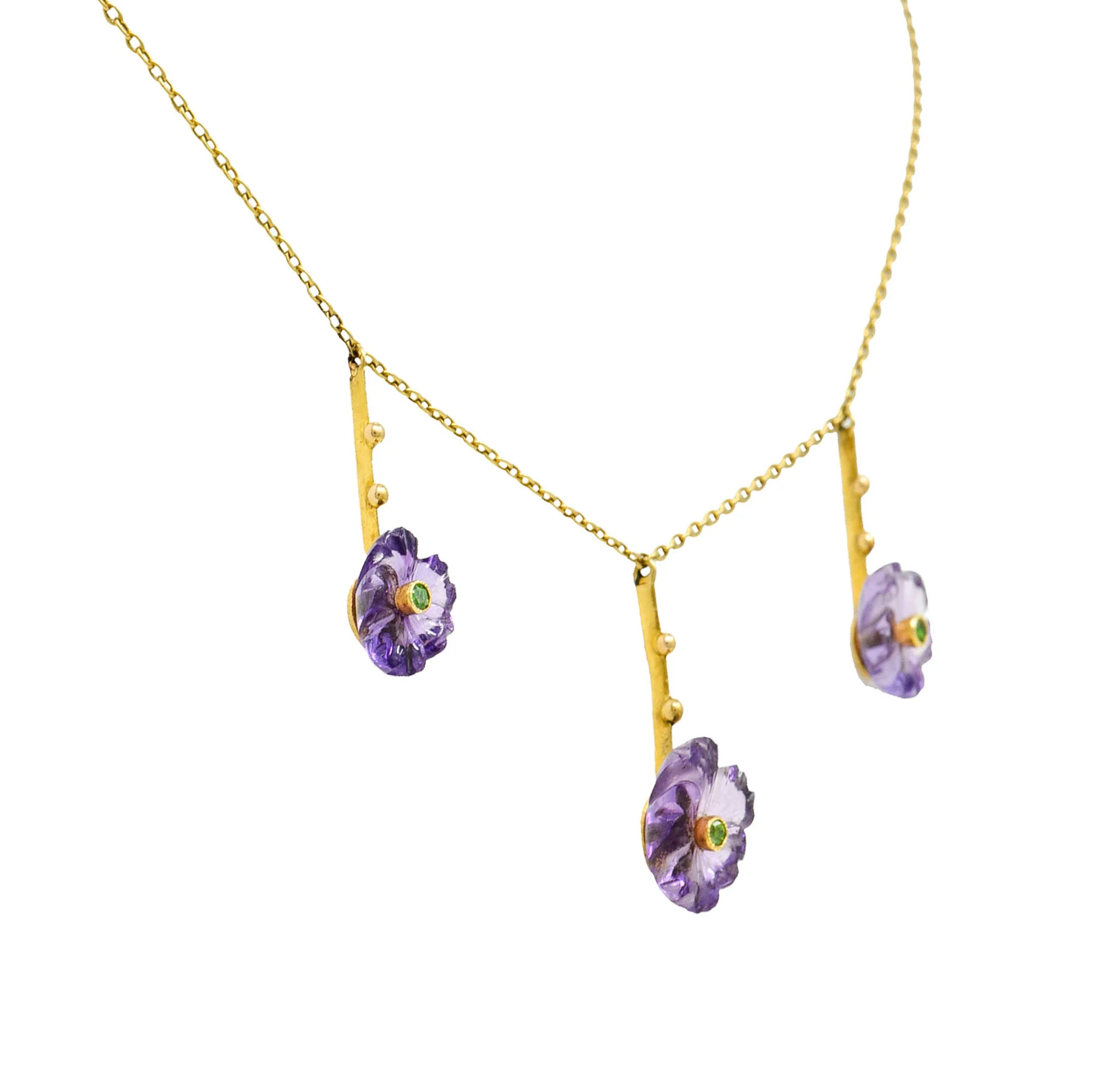 Victorian Amethyst Demantoid Garnet 18 Karat Gold Flower Drop Necklace - Image 3