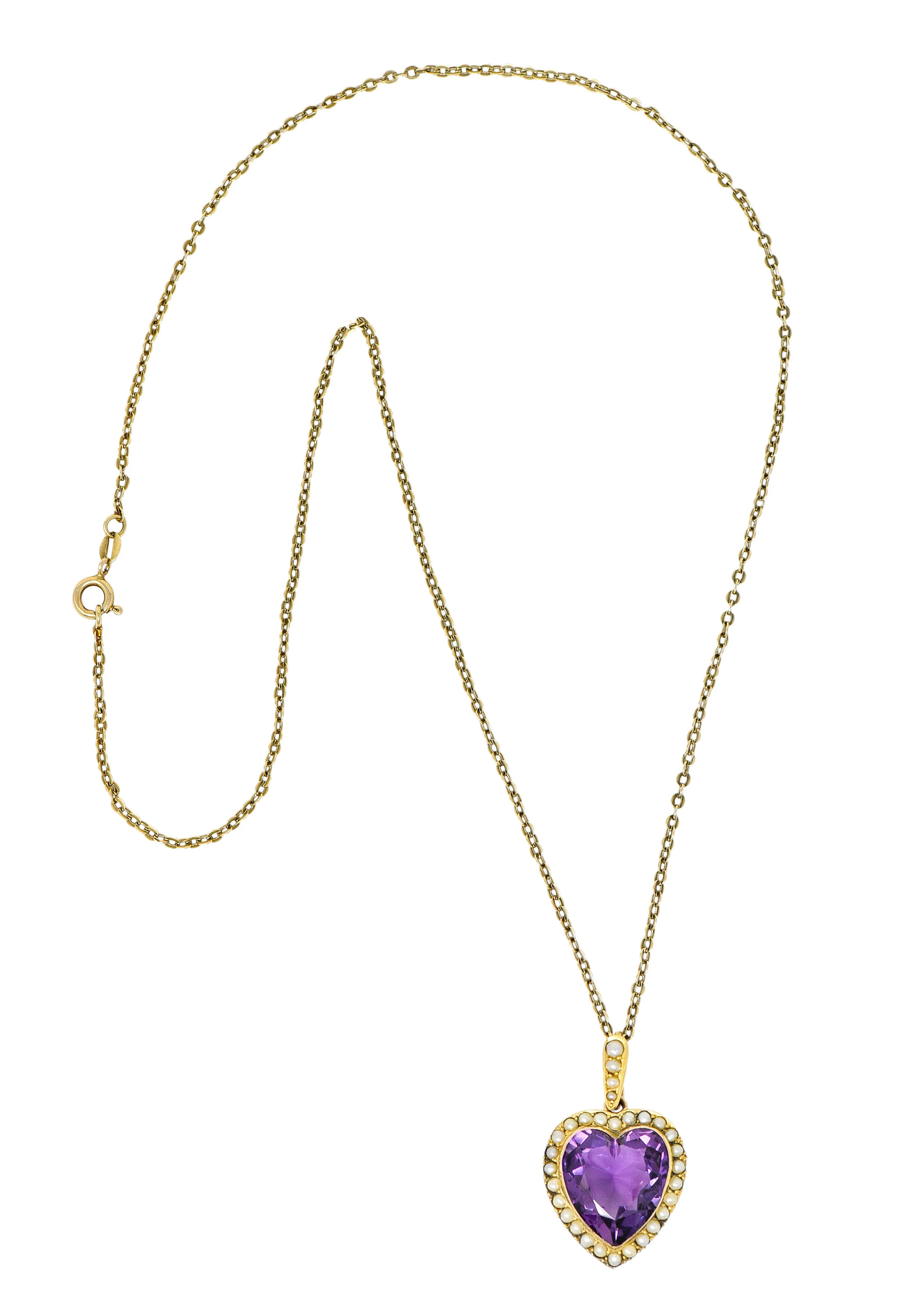 Victorian Amethyst Freshwater Natural Pearl 14 Karat Gold Heart Pendant Necklace - Image 3