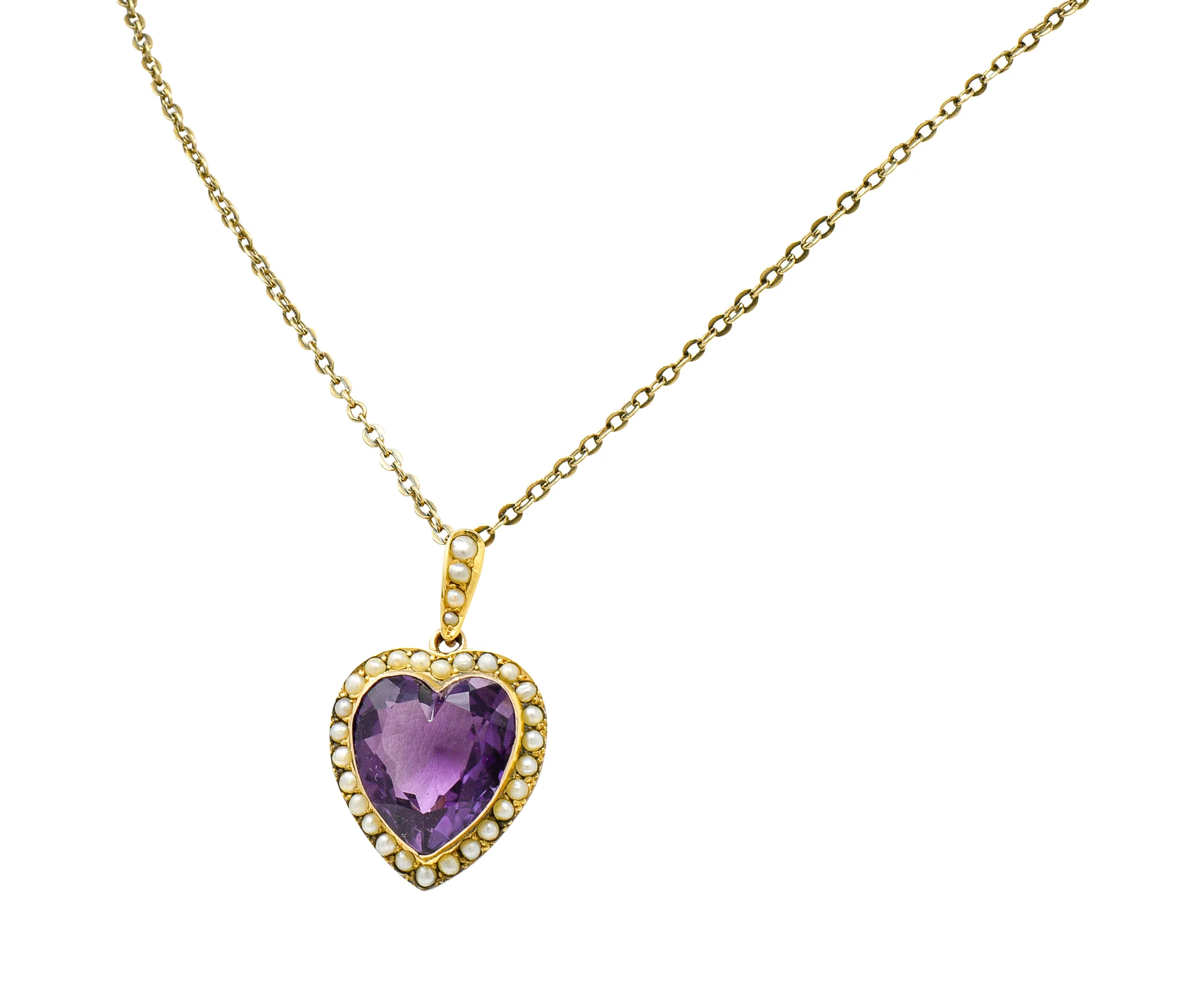 Victorian Amethyst Freshwater Natural Pearl 14 Karat Gold Heart Pendant Necklace - Image 6