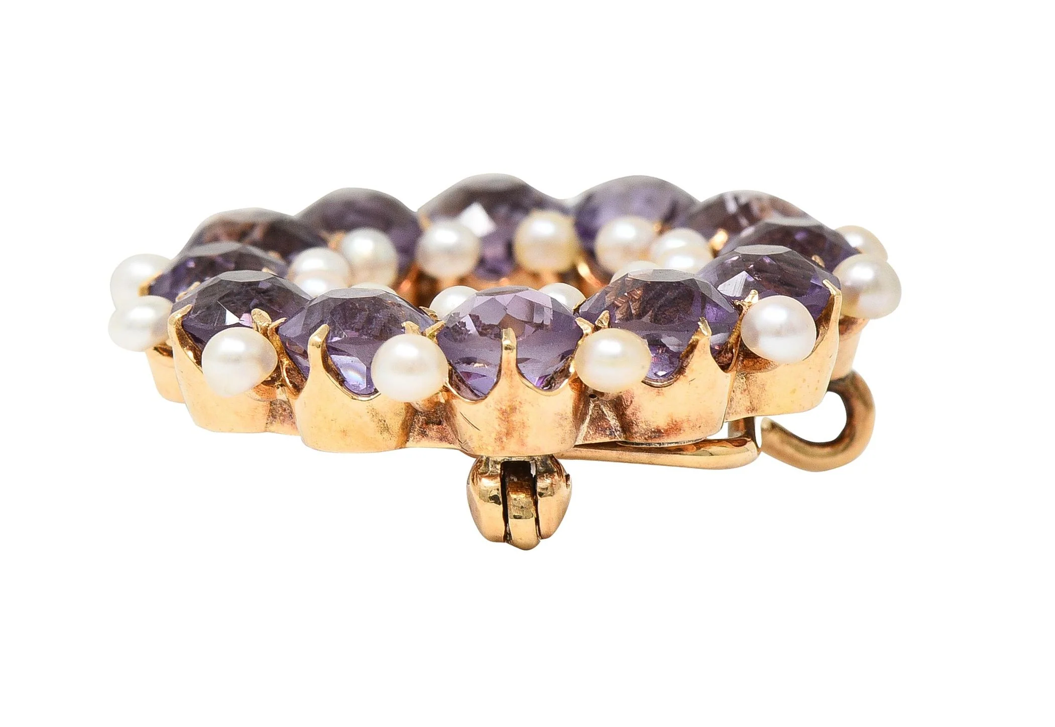Victorian Amethyst Pearl 14 Karat Yellow Gold Antique Circle Brooch - Image 8