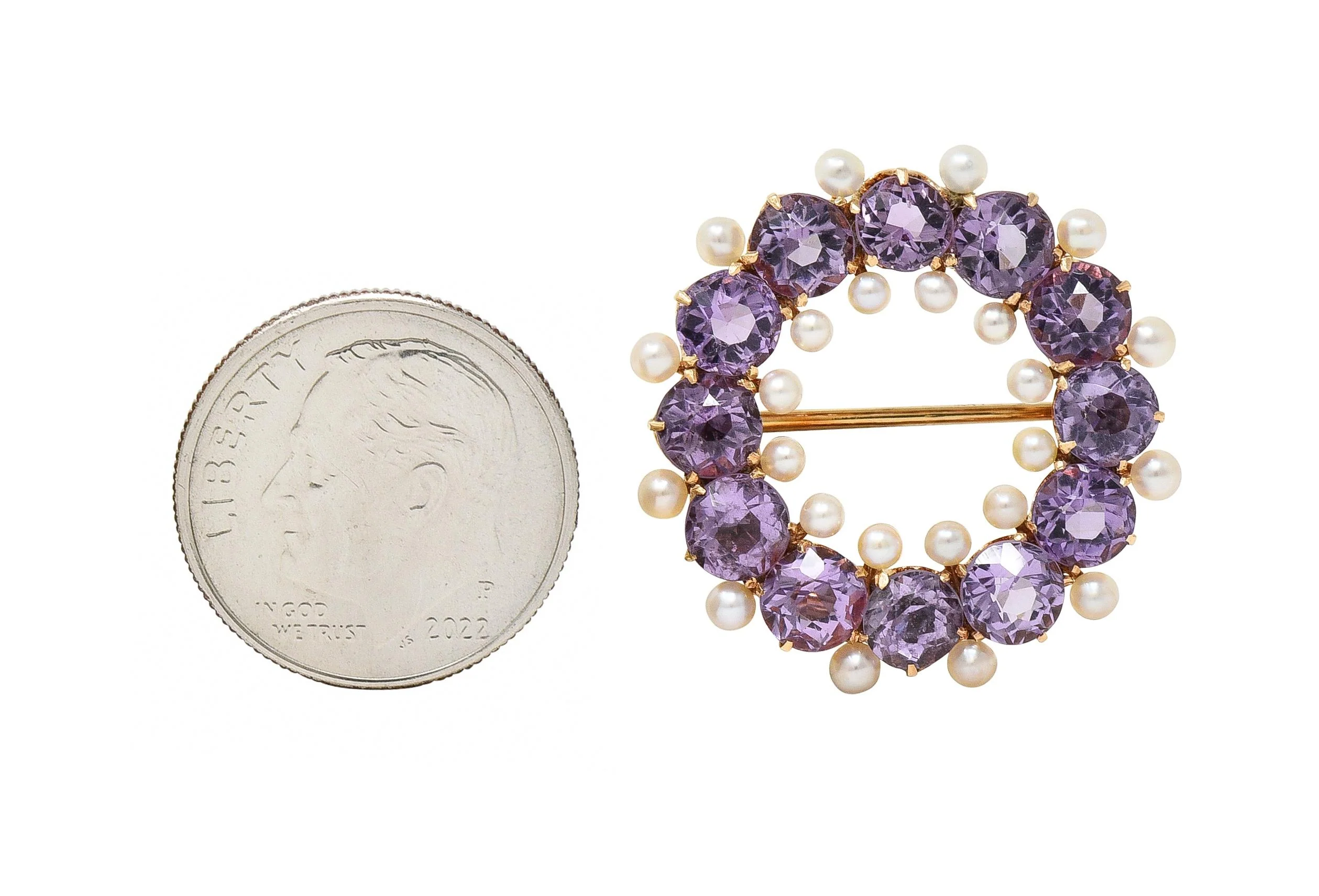 Victorian Amethyst Pearl 14 Karat Yellow Gold Antique Circle Brooch - Image 9