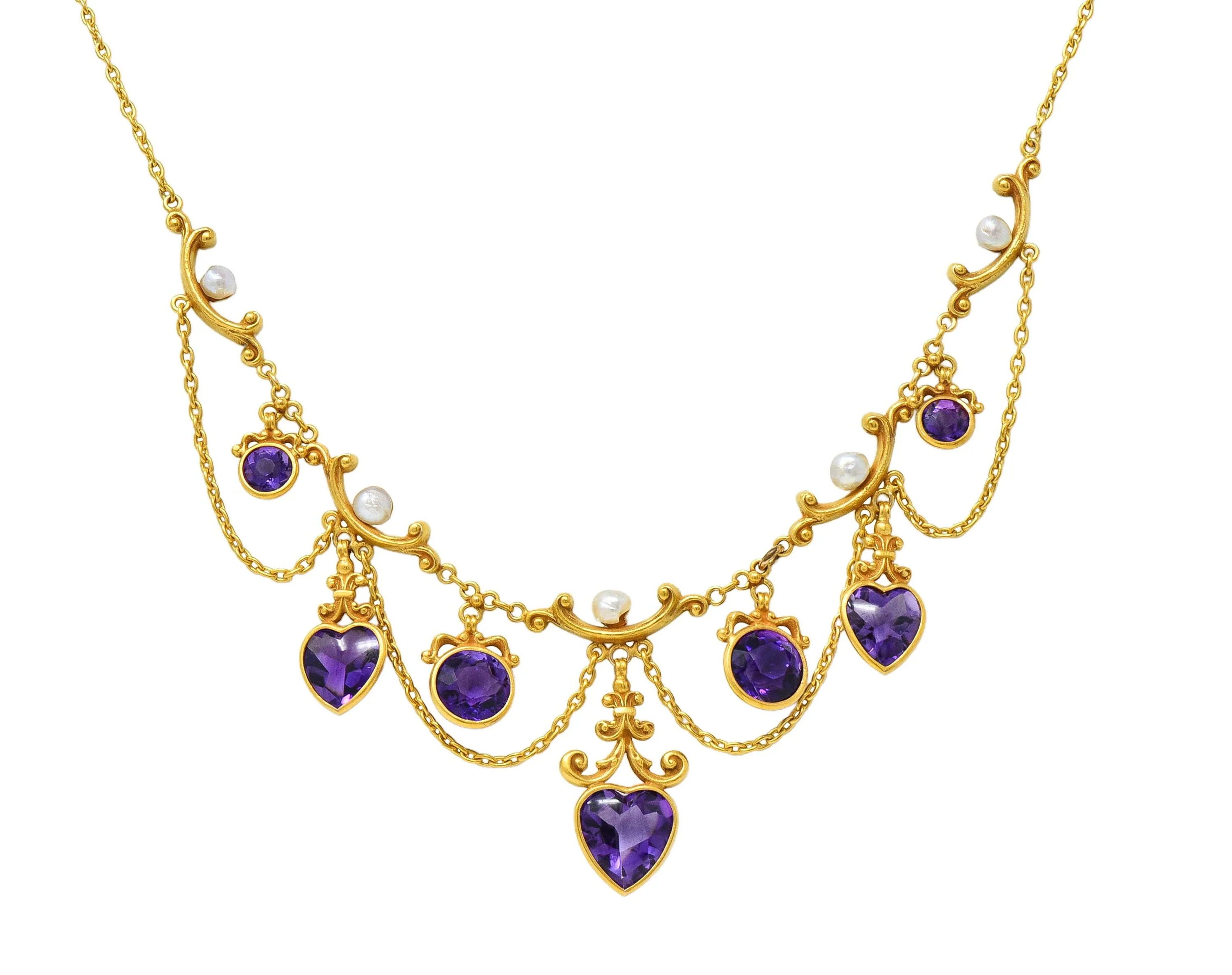 Victorian Amethyst Pearl 14 Karat Yellow Gold Antique Swagged Heart Necklace - Image 10