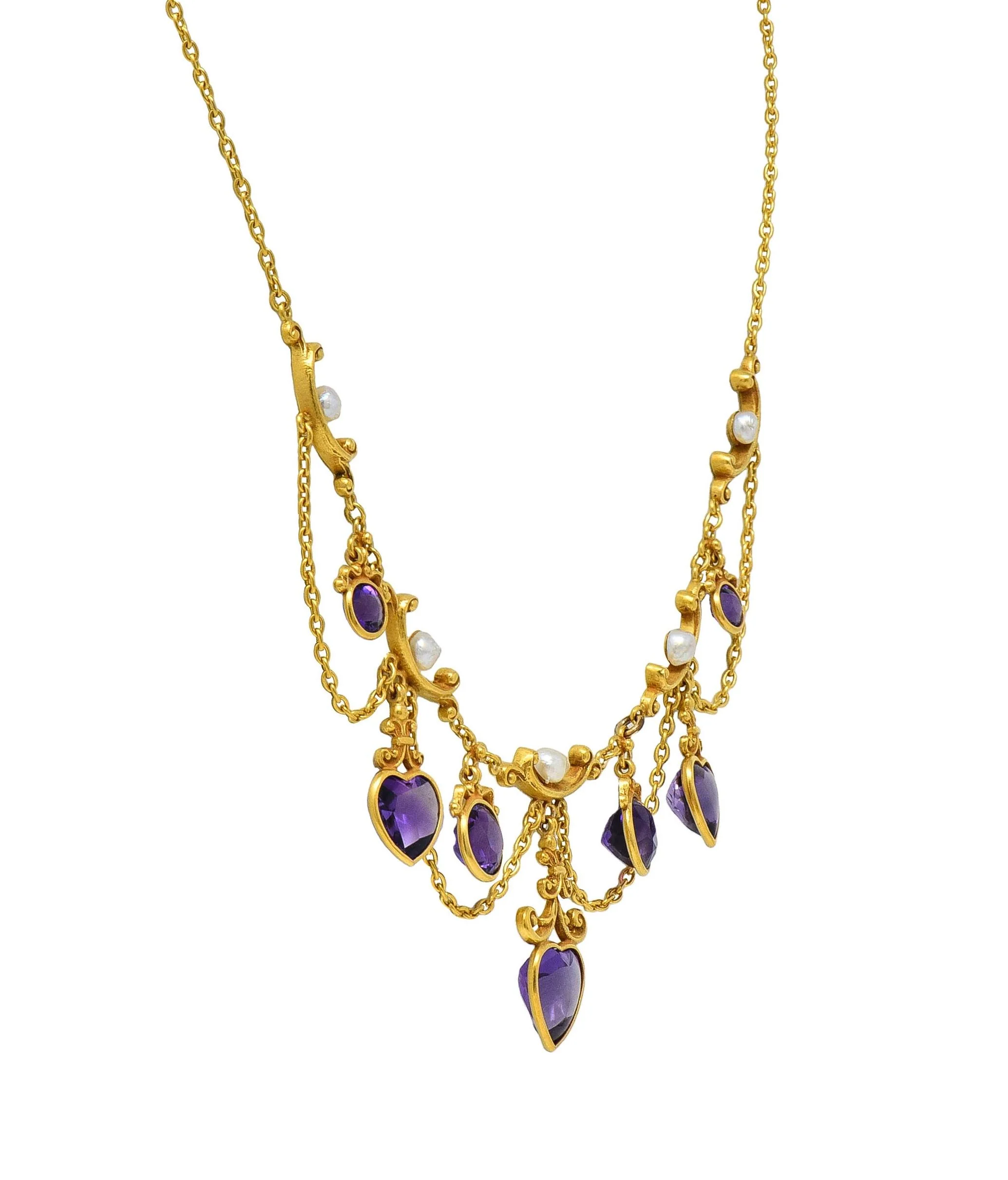 Victorian Amethyst Pearl 14 Karat Yellow Gold Antique Swagged Heart Necklace - Image 5